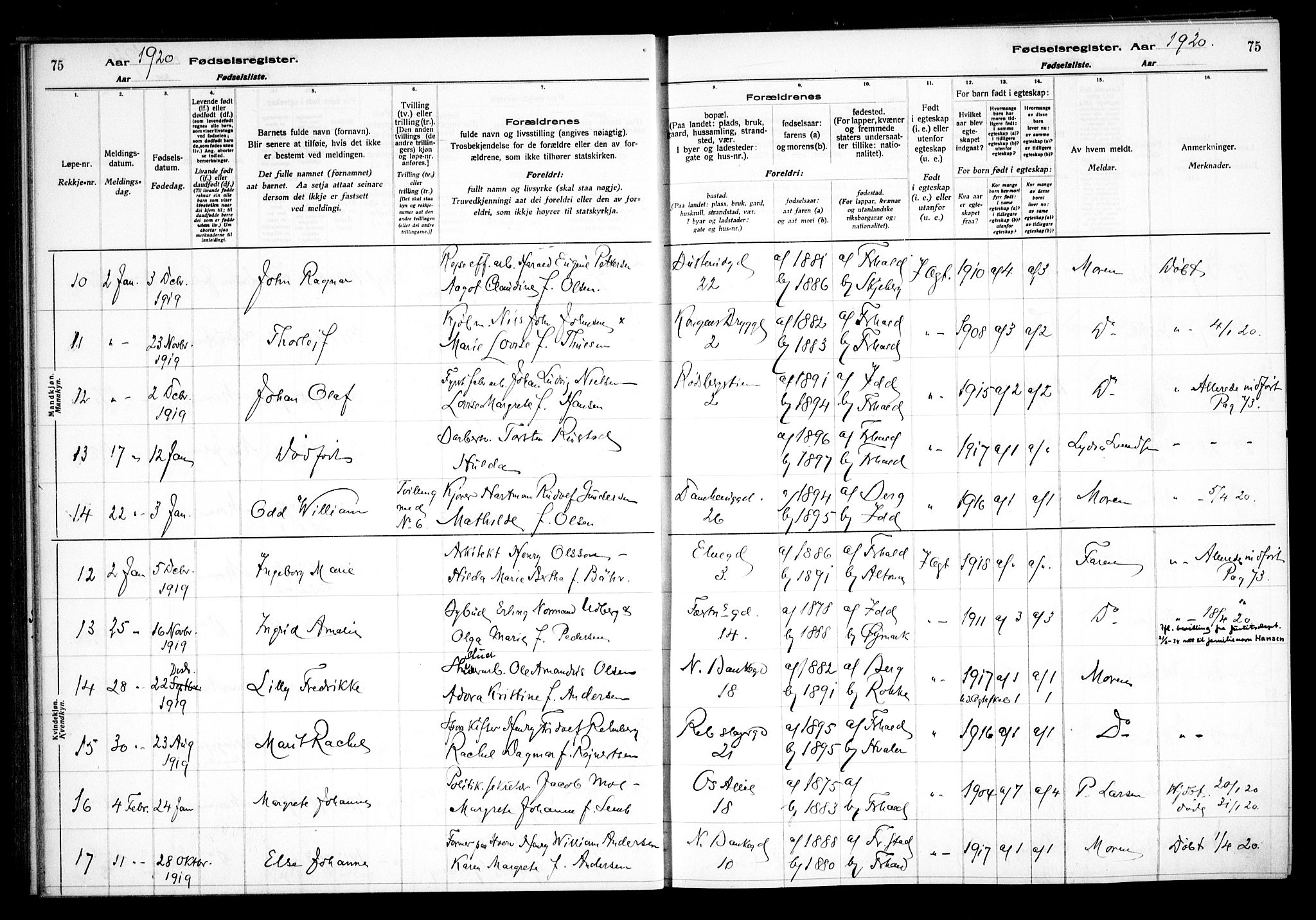 Halden prestekontor Kirkebøker, AV/SAO-A-10909/J/Ja/L0001: Fødselsregister nr. I 1, 1916-1925, s. 75