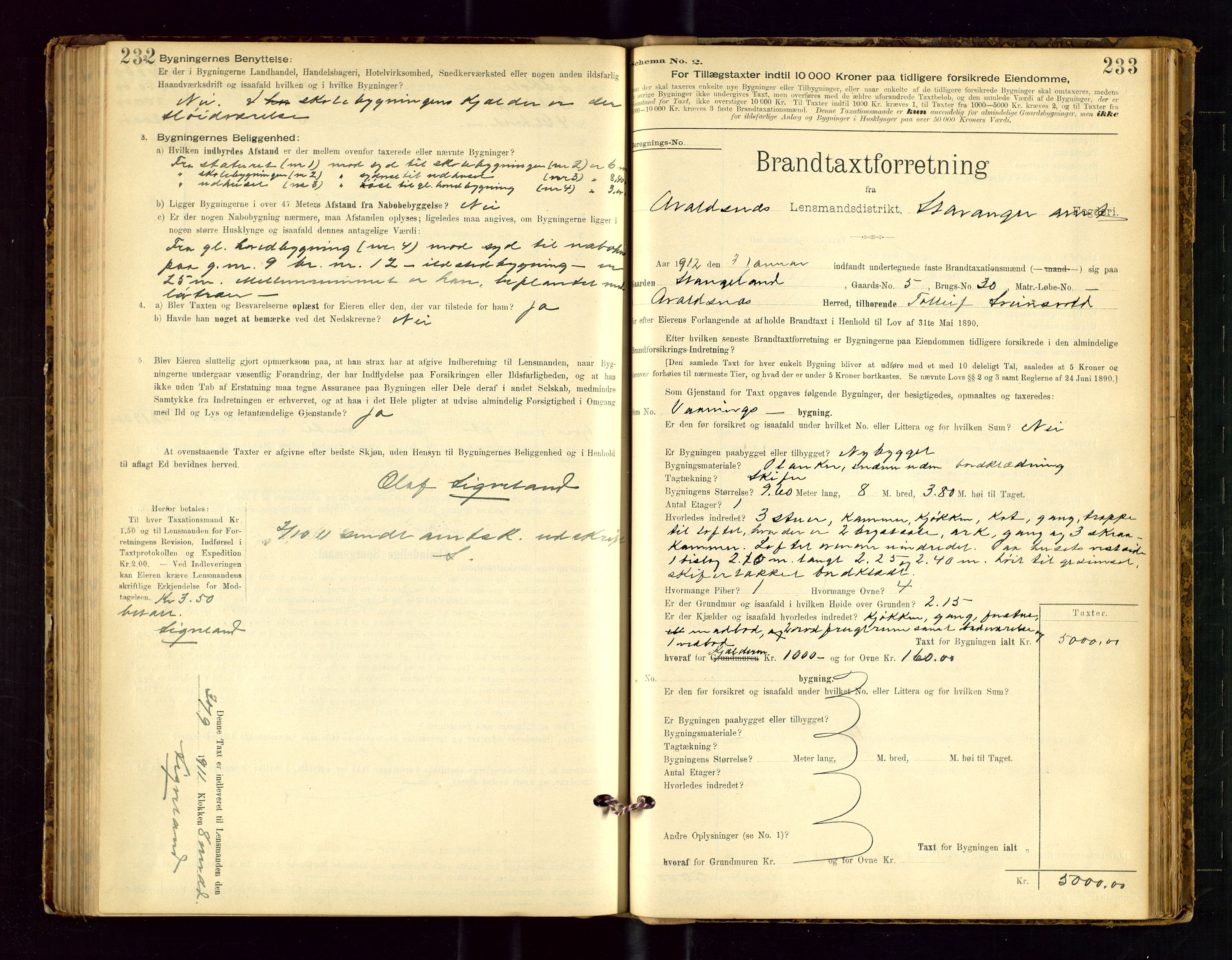 Avaldsnes lensmannskontor, SAST/A-100286/Gob/L0001: "Brandtaxationsprotokol for Avaldsnes Lensmandsdistrikt Ryfylke Fogderi", 1894-1925, s. 232-233