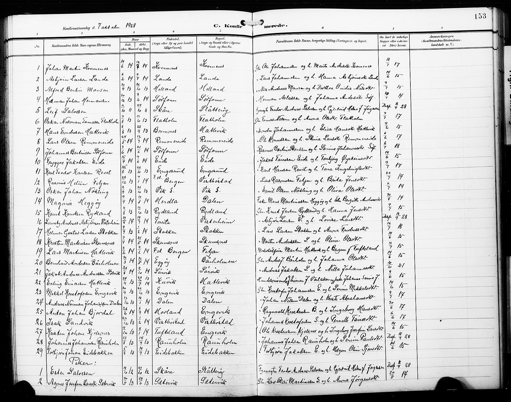 Fitjar sokneprestembete, AV/SAB-A-99926: Klokkerbok nr. B 1, 1906-1928, s. 153