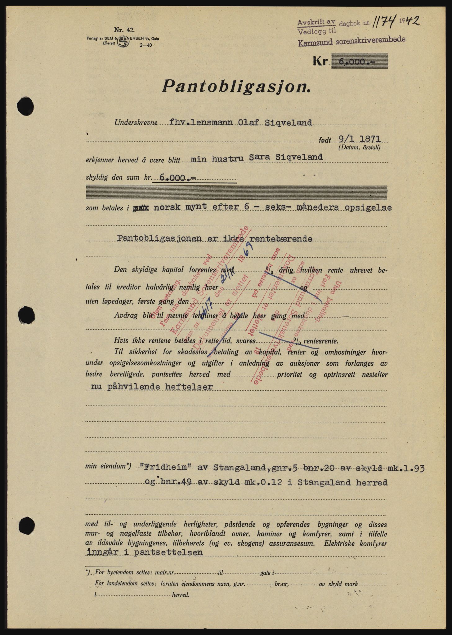 Karmsund sorenskriveri, SAST/A-100311/01/II/IIBBE/L0008: Pantebok nr. B 54, 1942-1943, Dagboknr: 1174/1942