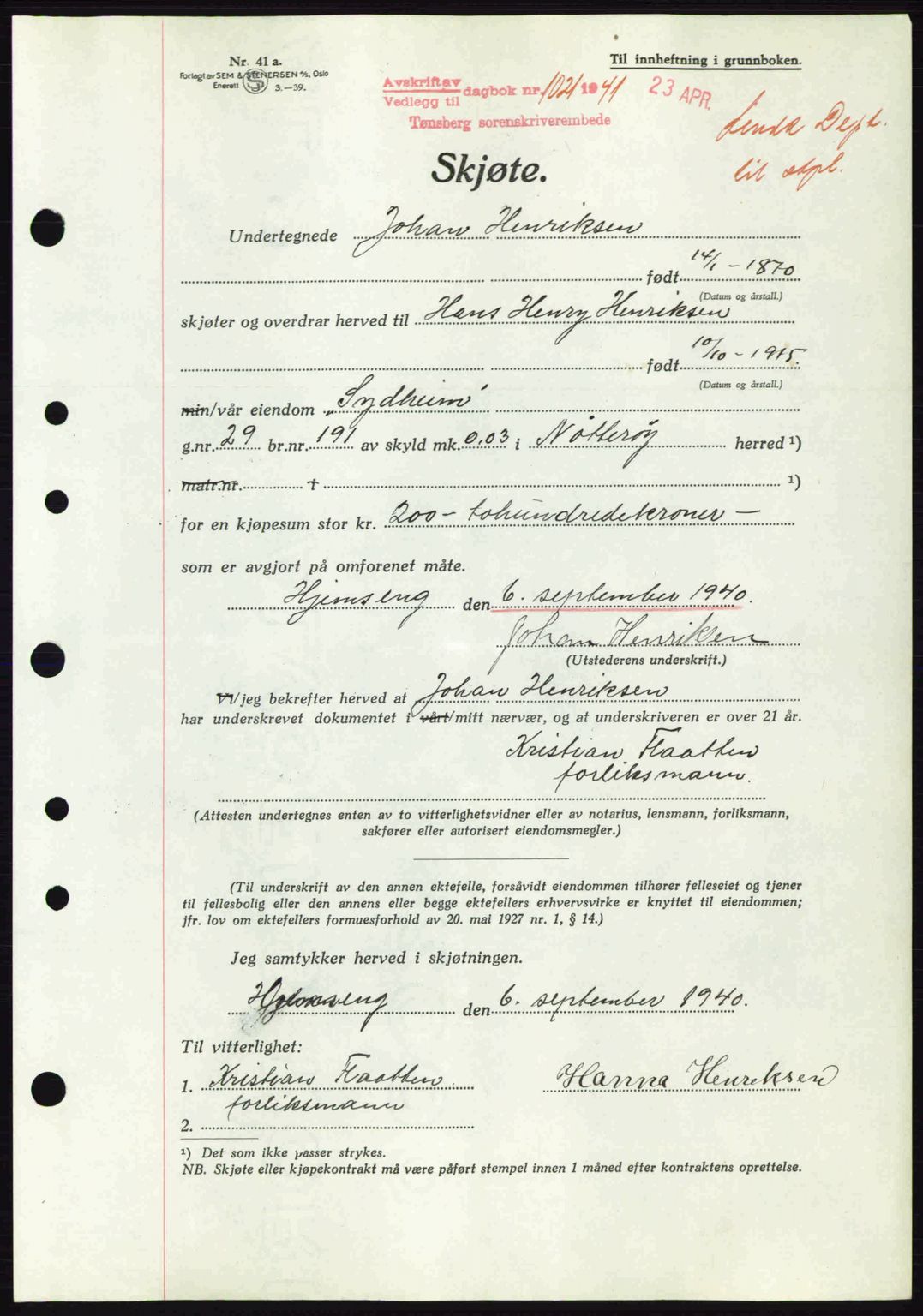 Tønsberg sorenskriveri, AV/SAKO-A-130/G/Ga/Gaa/L0010: Pantebok nr. A10, 1941-1941, Dagboknr: 1021/1941