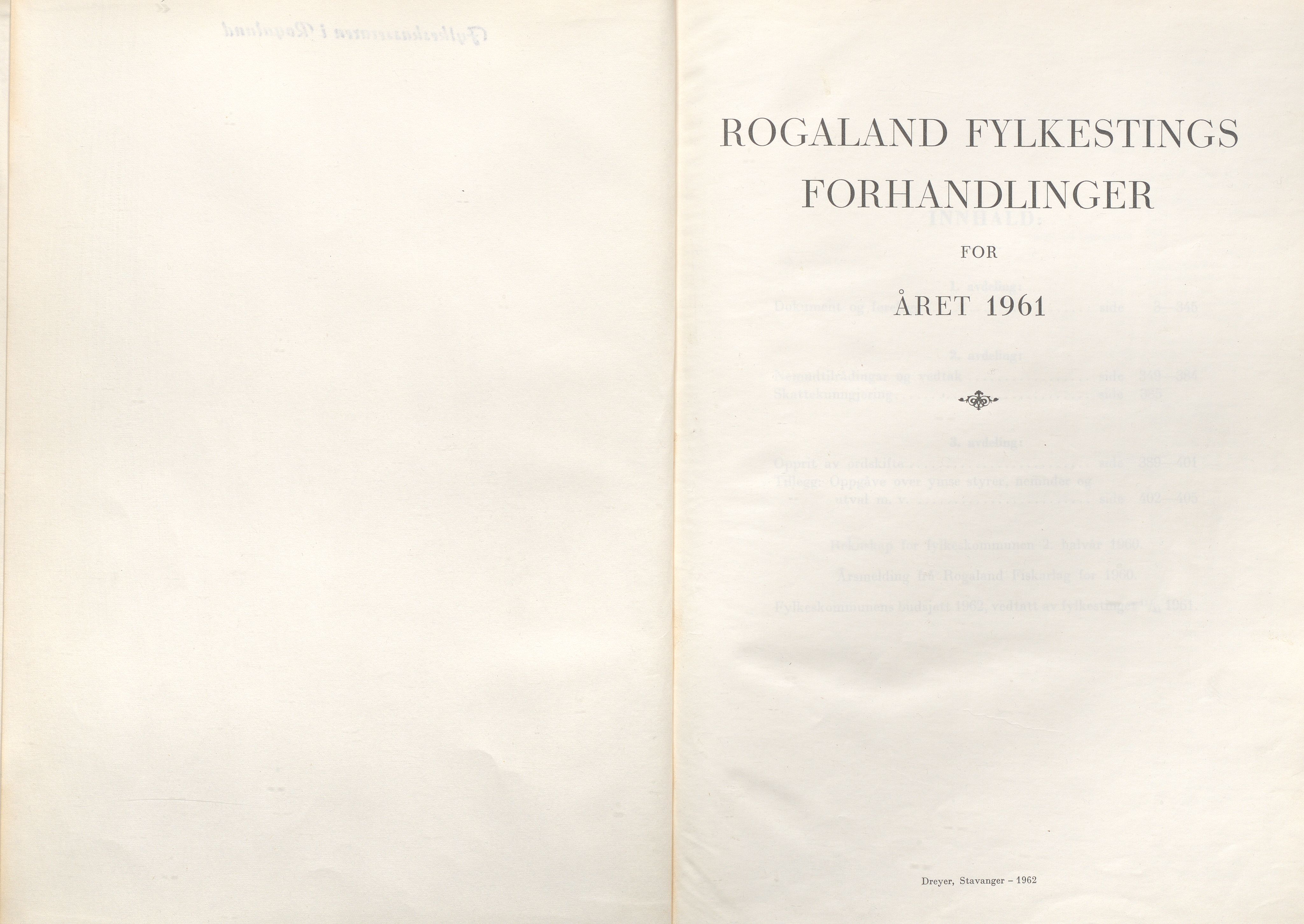 Rogaland fylkeskommune - Fylkesrådmannen , IKAR/A-900/A/Aa/Aaa/L0081: Møtebok , 1961