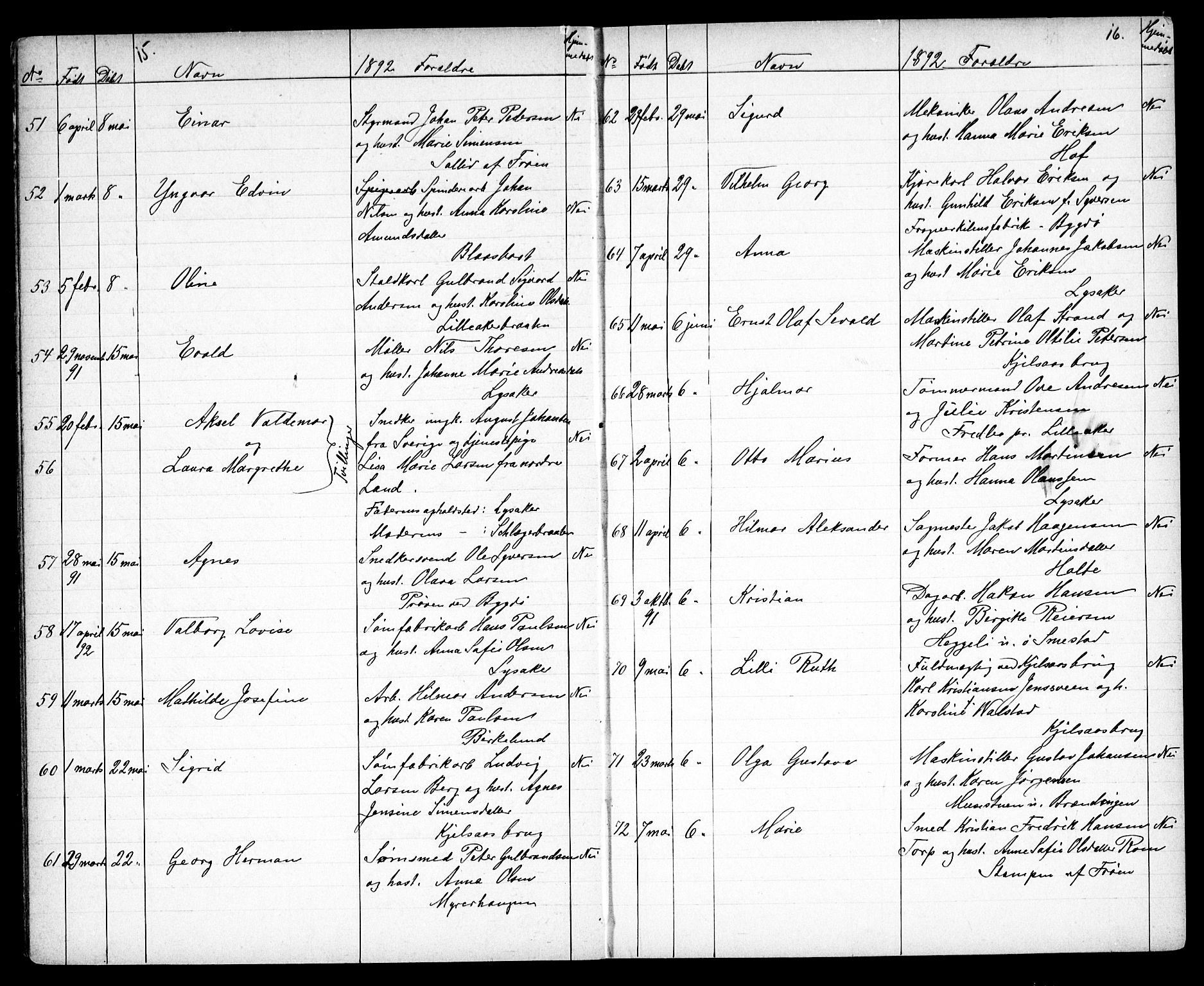 Vestre Aker prestekontor Kirkebøker, AV/SAO-A-10025/G/Ga/L0004: Klokkerbok nr. I 4, 1891-1903, s. 15-16