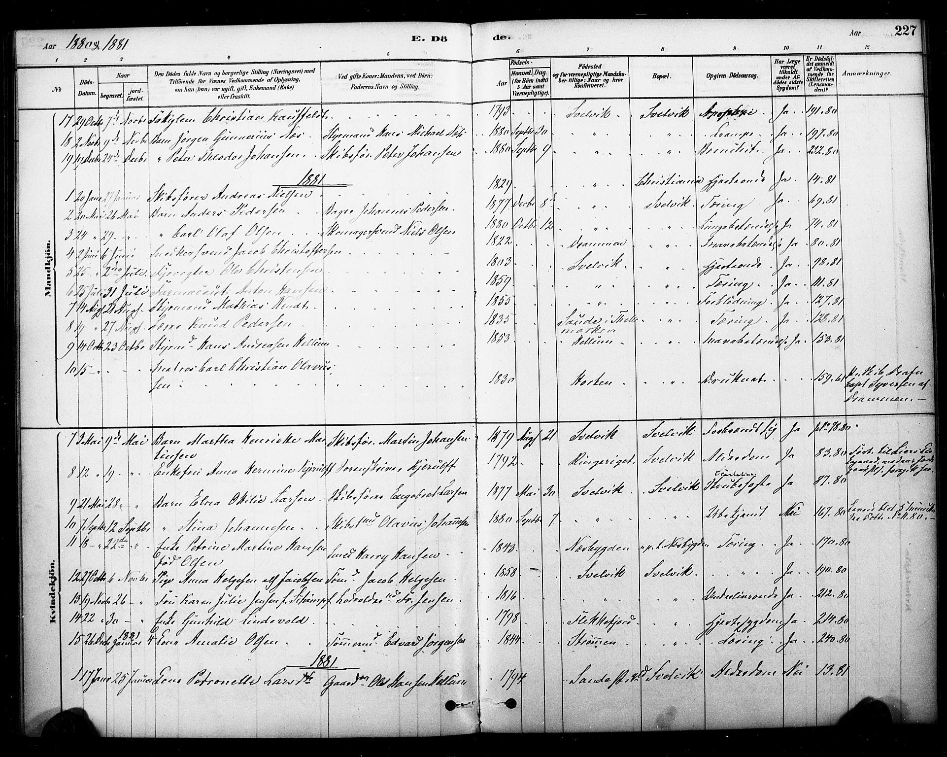 Strømm kirkebøker, AV/SAKO-A-322/F/Fb/L0001: Ministerialbok nr. II 1, 1878-1899, s. 227