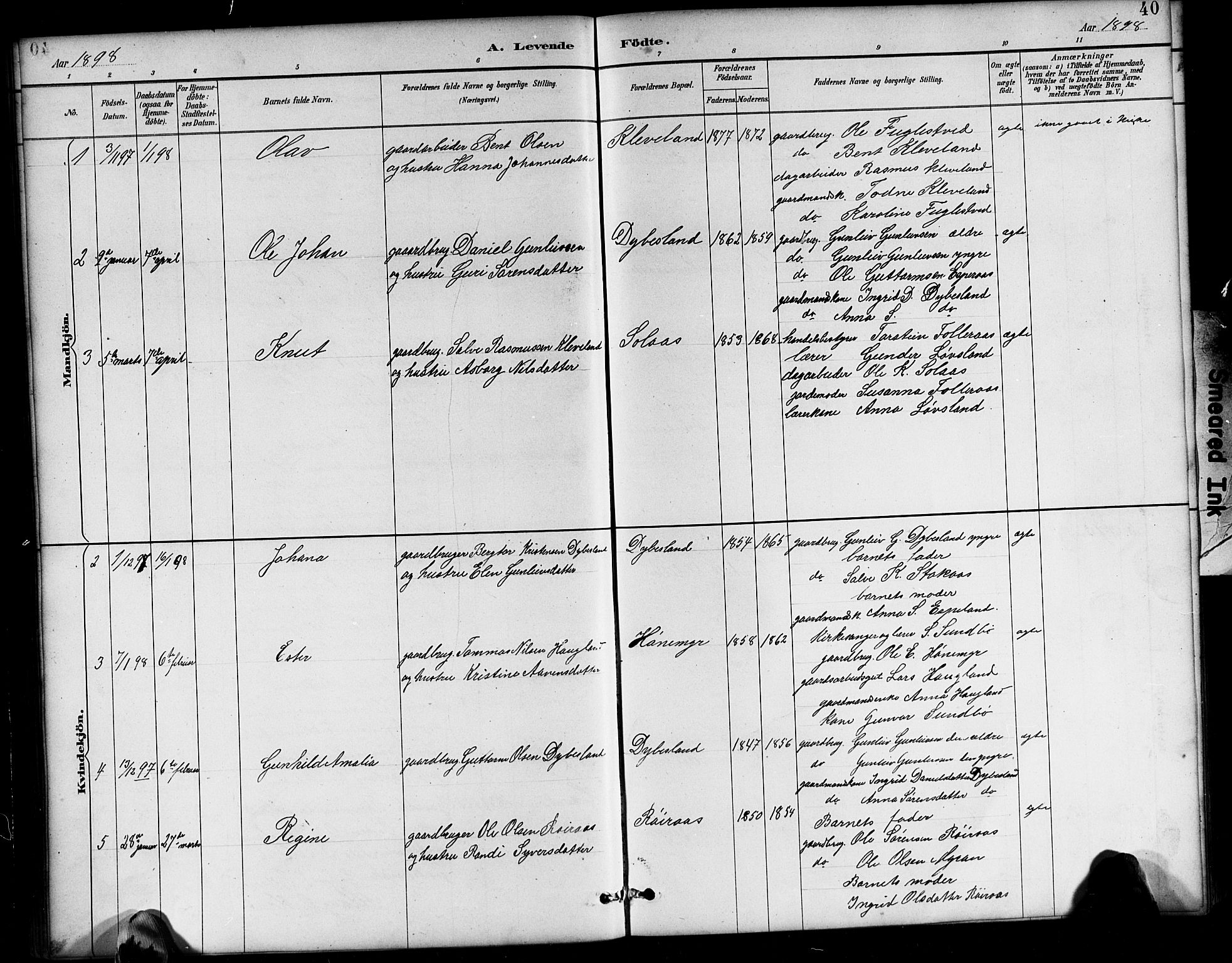 Bjelland sokneprestkontor, AV/SAK-1111-0005/F/Fb/Fbb/L0005: Klokkerbok nr. B 5, 1887-1918, s. 40