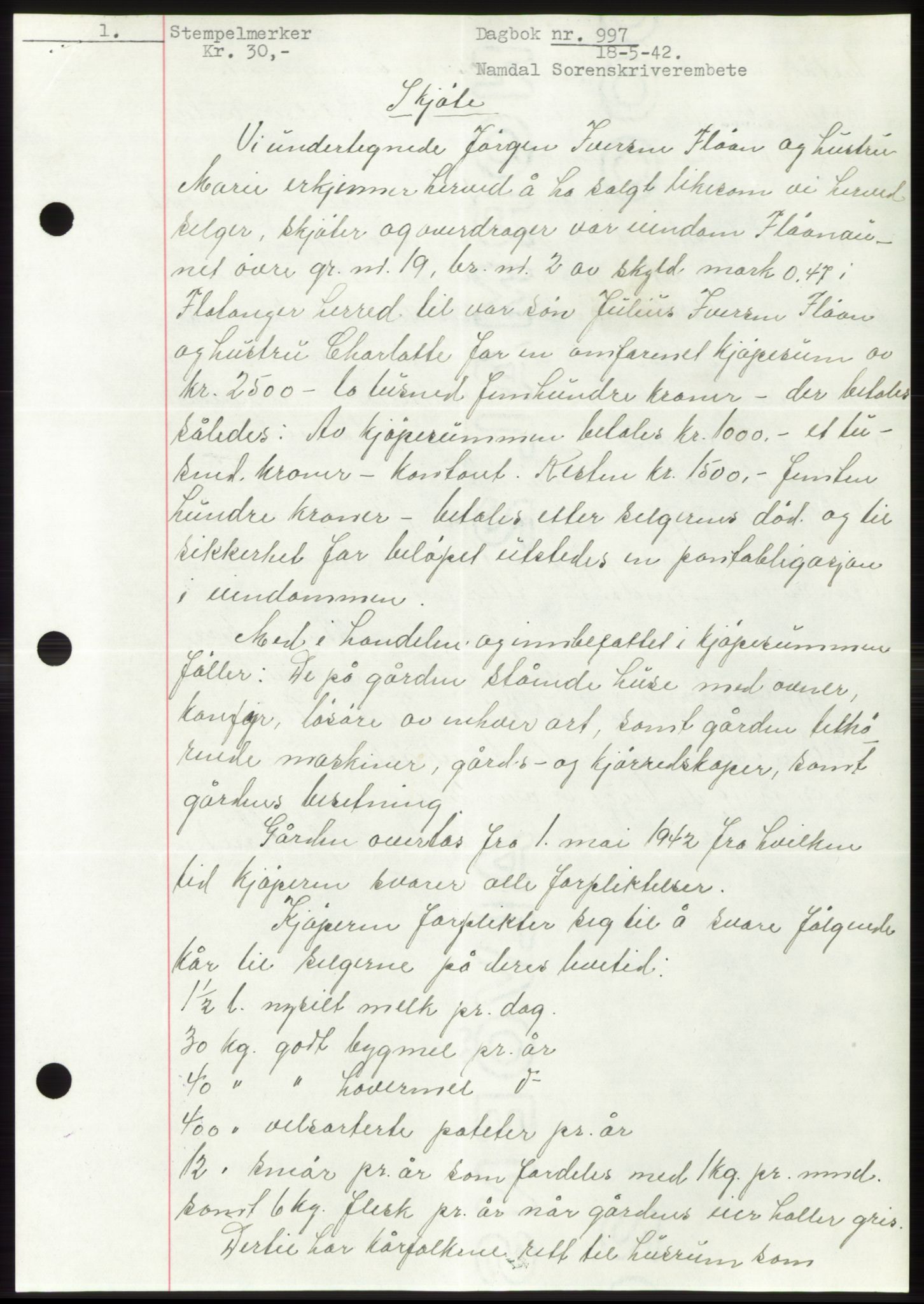 Namdal sorenskriveri, SAT/A-4133/1/2/2C: Pantebok nr. -, 1941-1942, Dagboknr: 997/1942