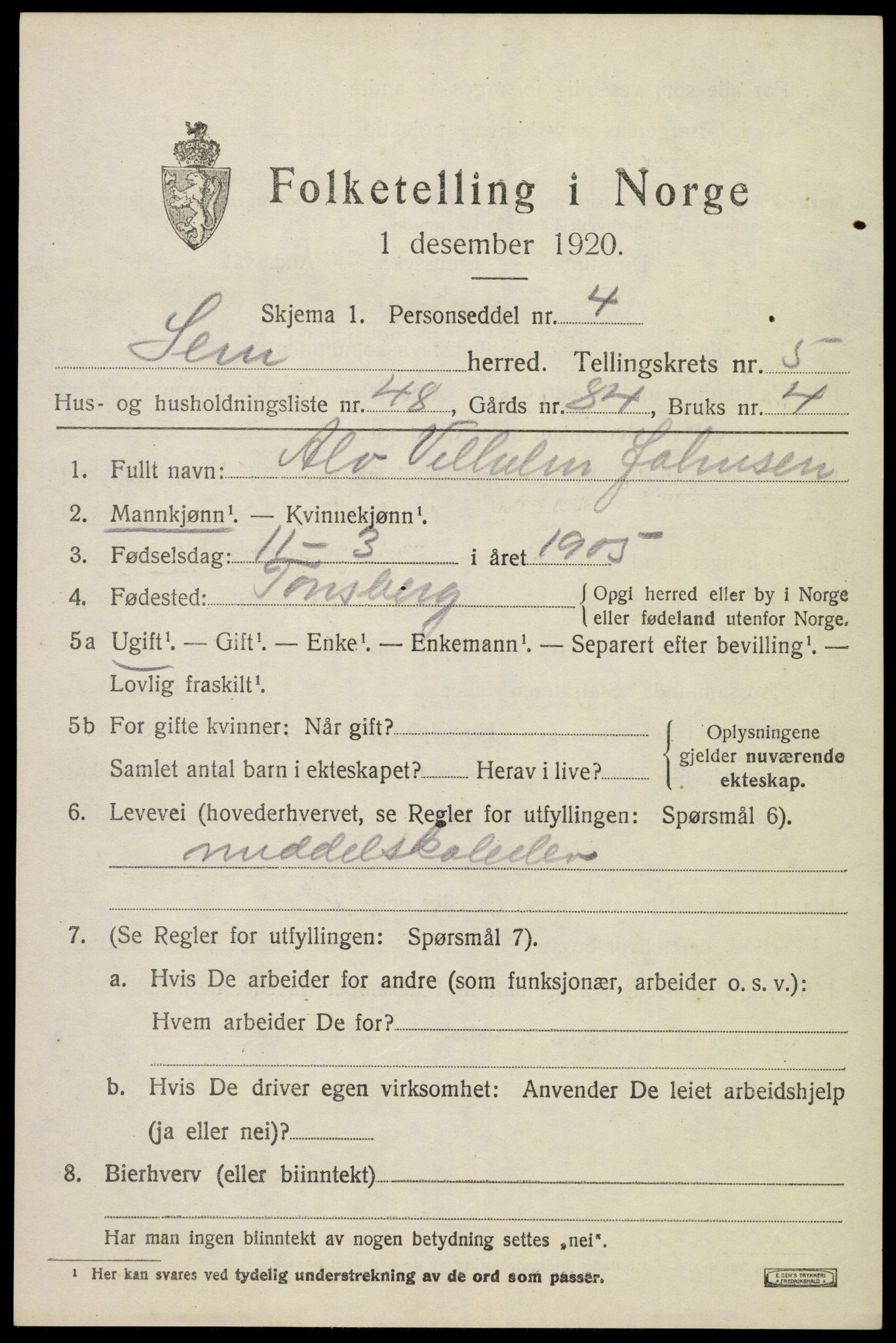 SAKO, Folketelling 1920 for 0721 Sem herred, 1920, s. 8341