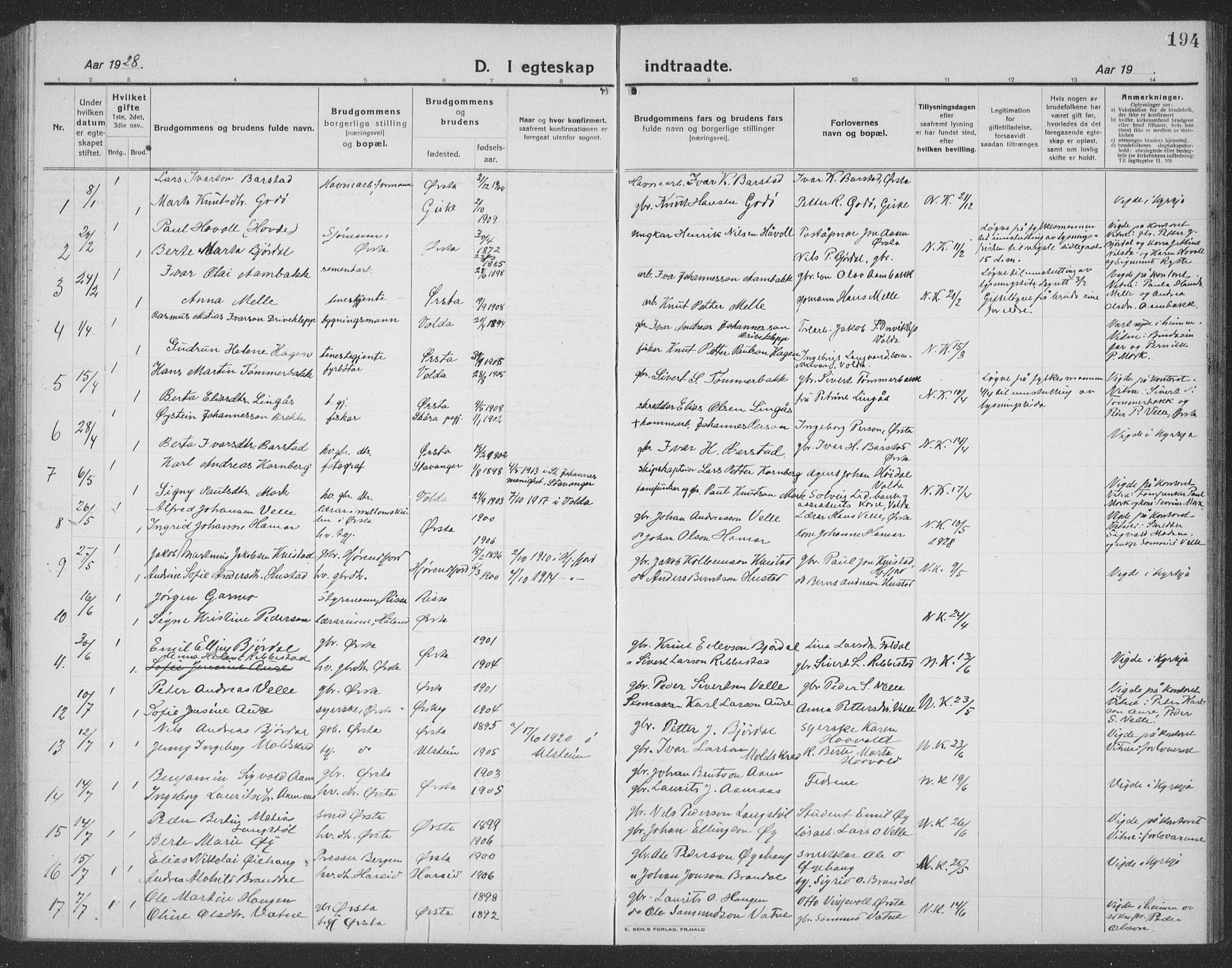 Ministerialprotokoller, klokkerbøker og fødselsregistre - Møre og Romsdal, SAT/A-1454/513/L0191: Klokkerbok nr. 513C05, 1920-1941, s. 194