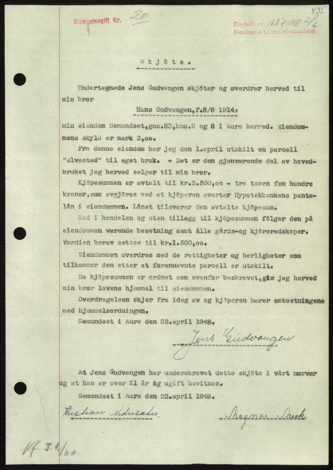 Nordmøre sorenskriveri, SAT/A-4132/1/2/2Ca: Pantebok nr. A108, 1948-1948, Dagboknr: 1687/1948