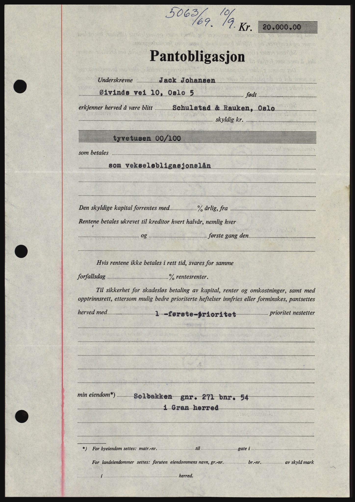 Hadeland og Land tingrett, SAH/TING-010/H/Hb/Hbc/L0074: Pantebok nr. B74, 1969-1969, Dagboknr: 5063/1969