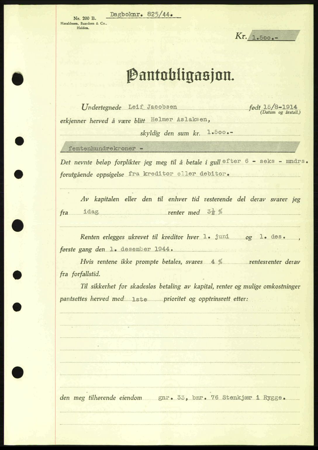 Moss sorenskriveri, SAO/A-10168: Pantebok nr. B13, 1943-1945, Dagboknr: 825/1944