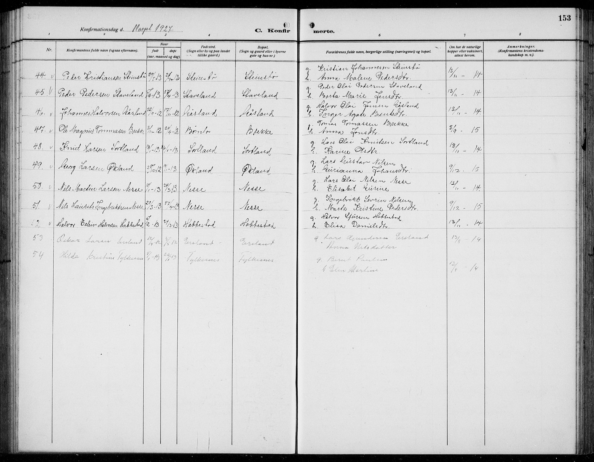 Finnås sokneprestembete, AV/SAB-A-99925/H/Ha/Hab/Habb/L0006: Klokkerbok nr. B 6, 1920-1936, s. 153