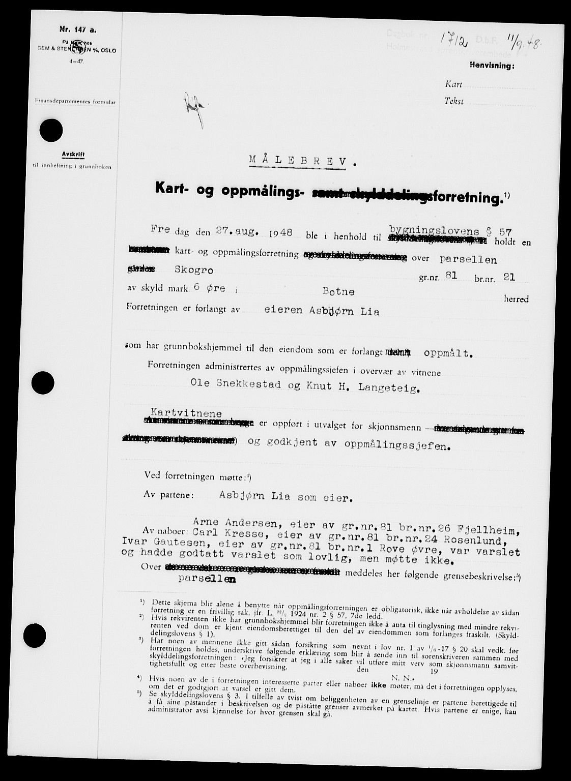 Holmestrand sorenskriveri, SAKO/A-67/G/Ga/Gaa/L0064: Pantebok nr. A-64, 1948-1948, Dagboknr: 1712/1948