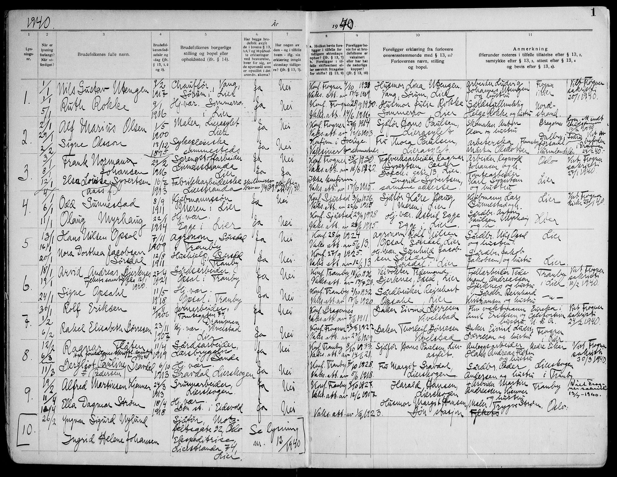 Lier kirkebøker, AV/SAKO-A-230/H/Ha/L0003: Lysningsprotokoll nr. 3, 1940-1955, s. 1