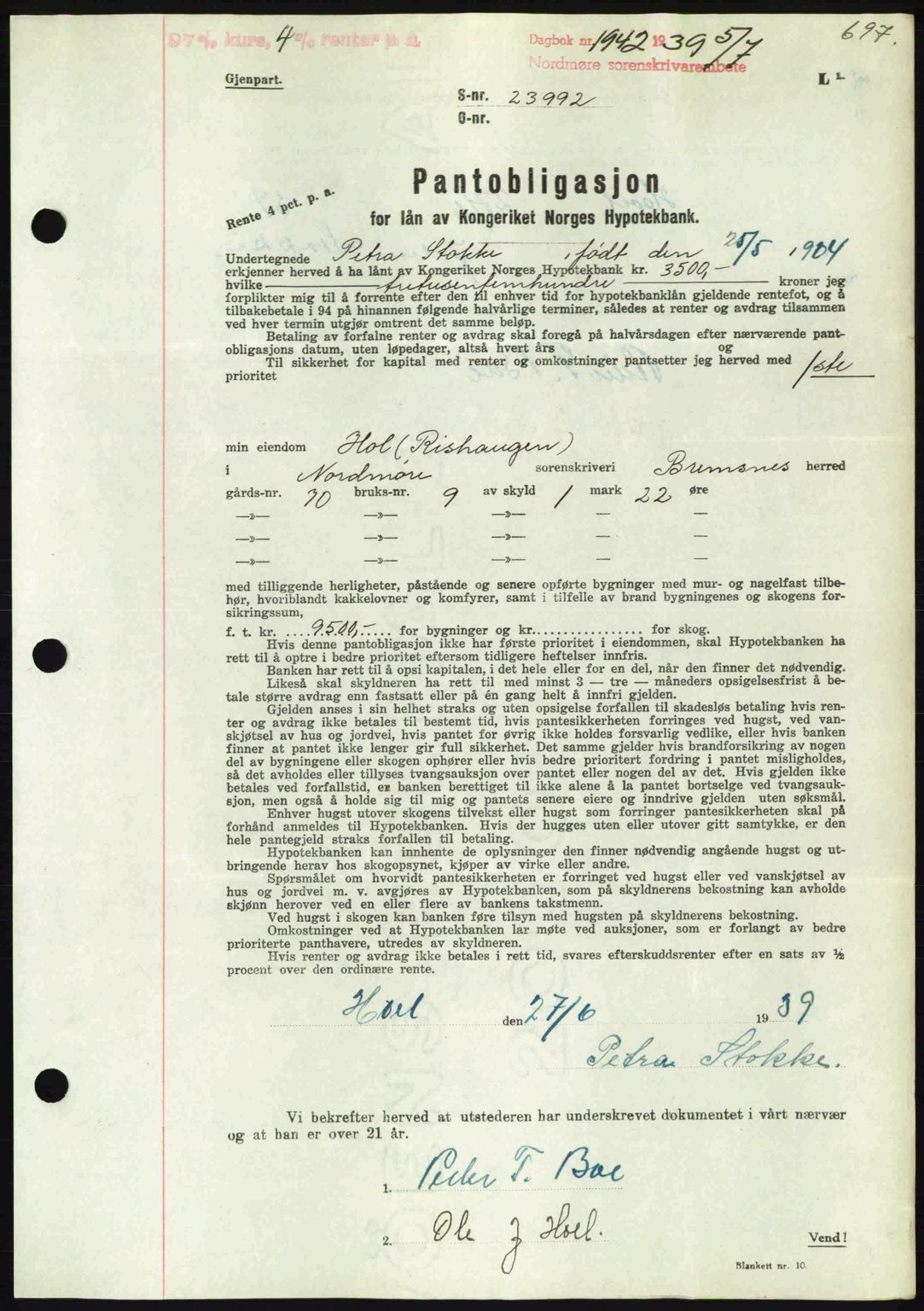 Nordmøre sorenskriveri, AV/SAT-A-4132/1/2/2Ca: Pantebok nr. B85, 1939-1939, Dagboknr: 1942/1939