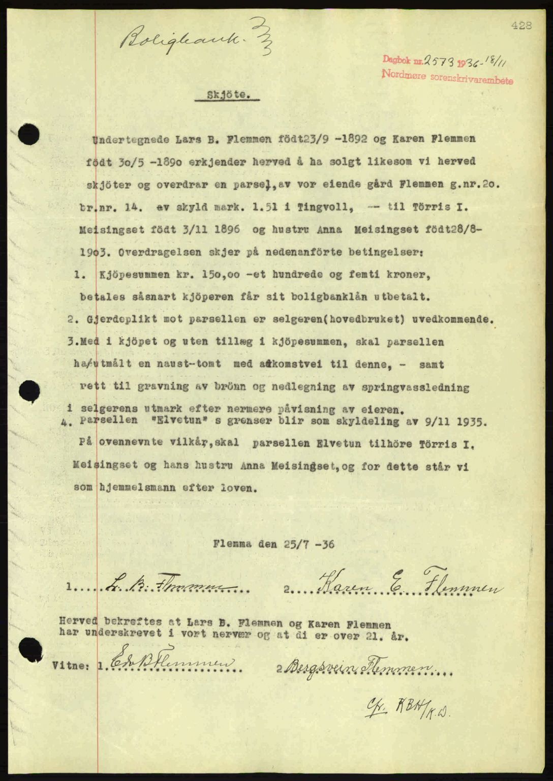 Nordmøre sorenskriveri, SAT/A-4132/1/2/2Ca: Pantebok nr. A80, 1936-1937, Dagboknr: 2573/1936