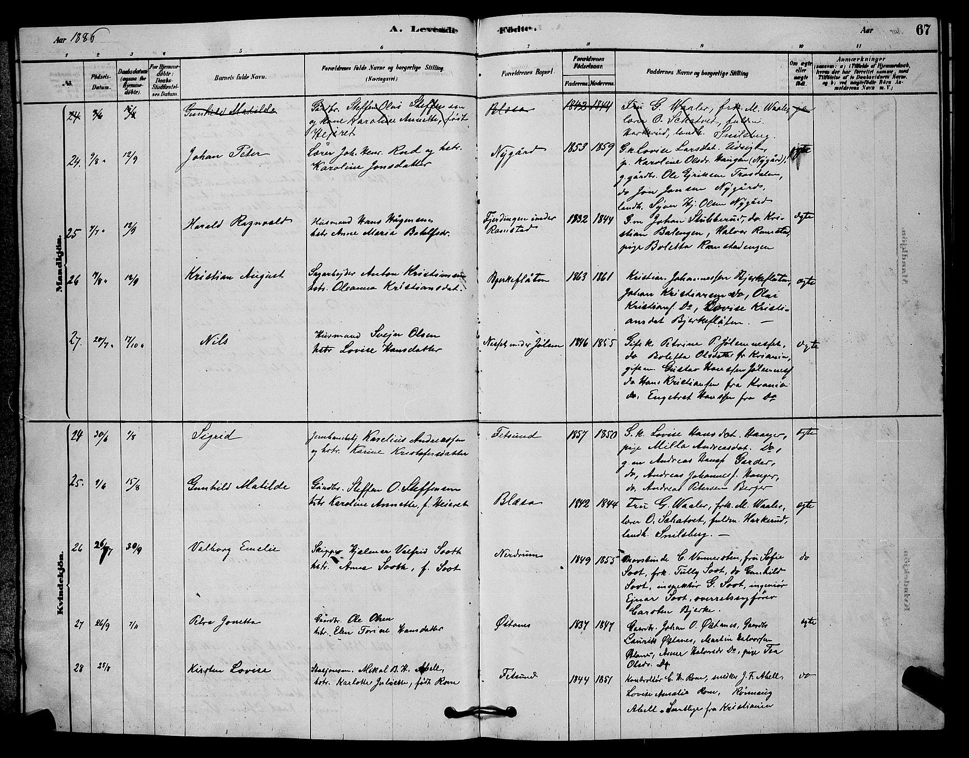 Fet prestekontor Kirkebøker, AV/SAO-A-10370a/G/Ga/L0006: Klokkerbok nr. I 6, 1878-1891, s. 67