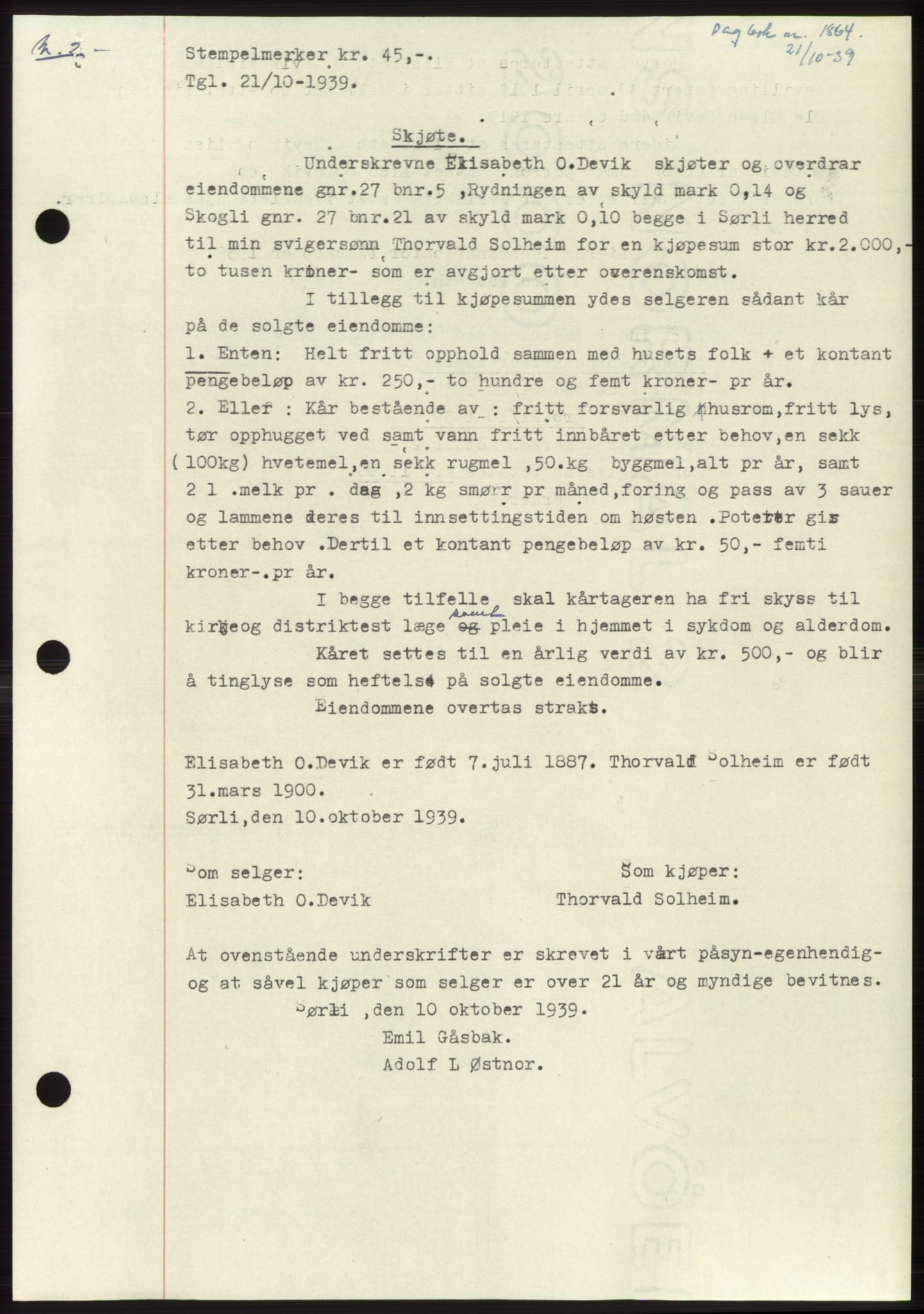 Namdal sorenskriveri, SAT/A-4133/1/2/2C: Pantebok nr. -, 1937-1939, Tingl.dato: 21.10.1939