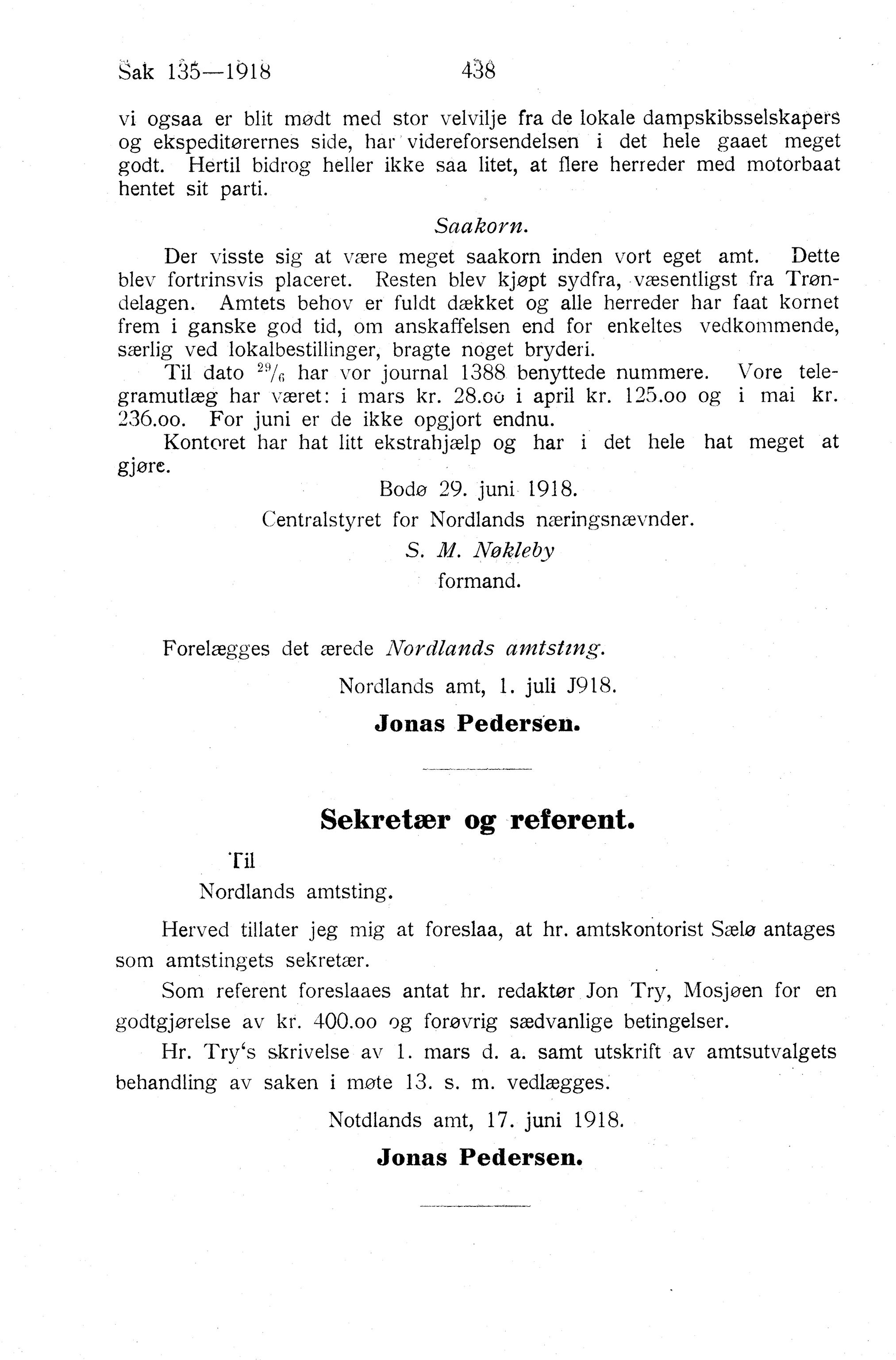 Nordland Fylkeskommune. Fylkestinget, AIN/NFK-17/176/A/Ac/L0041: Fylkestingsforhandlinger 1918, 1918