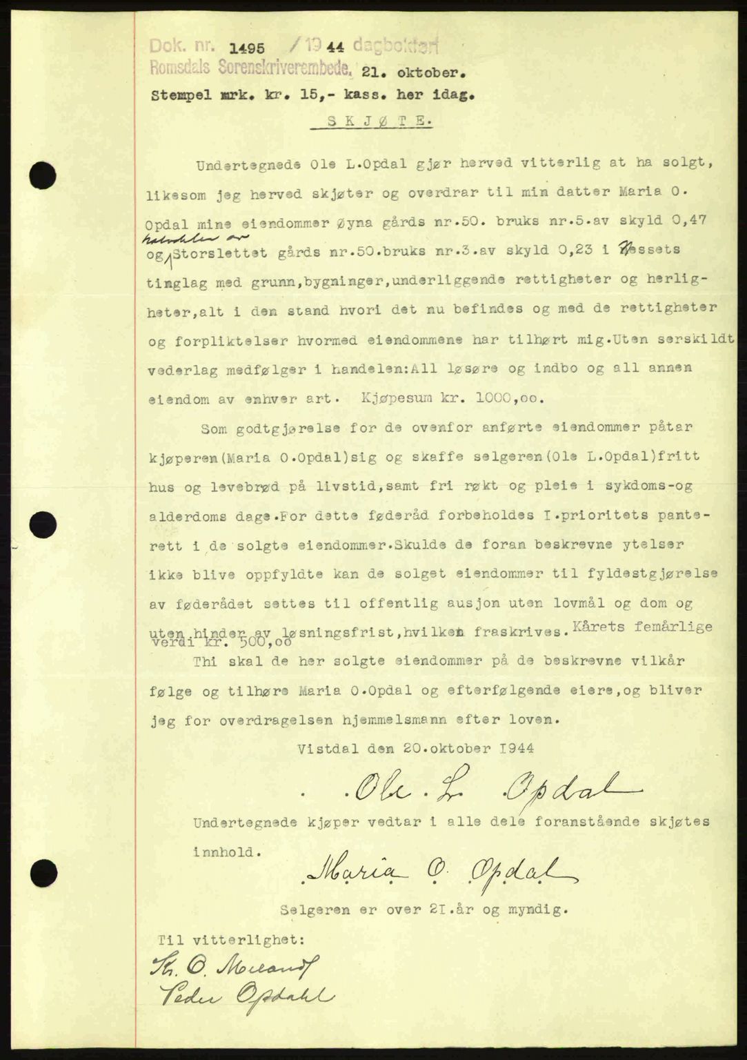Romsdal sorenskriveri, AV/SAT-A-4149/1/2/2C: Pantebok nr. A17, 1944-1945, Dagboknr: 1495/1944
