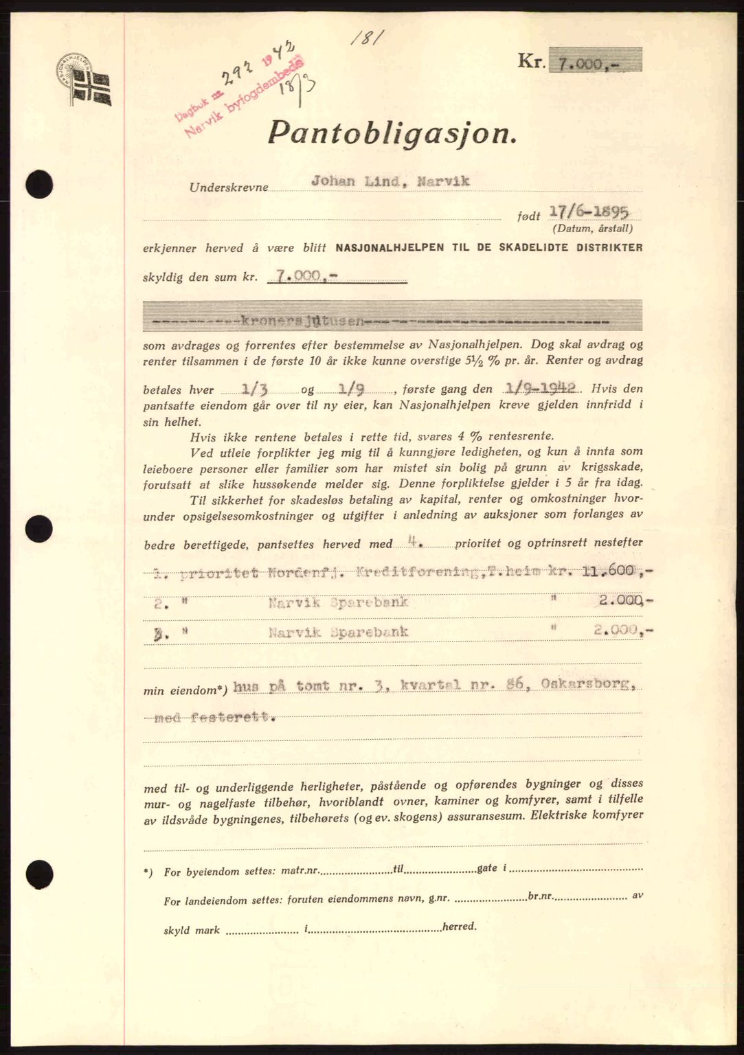 Narvik sorenskriveri, SAT/A-0002/1/2/2C/2Ca: Pantebok nr. A19, 1942-1943, Dagboknr: 292/1942