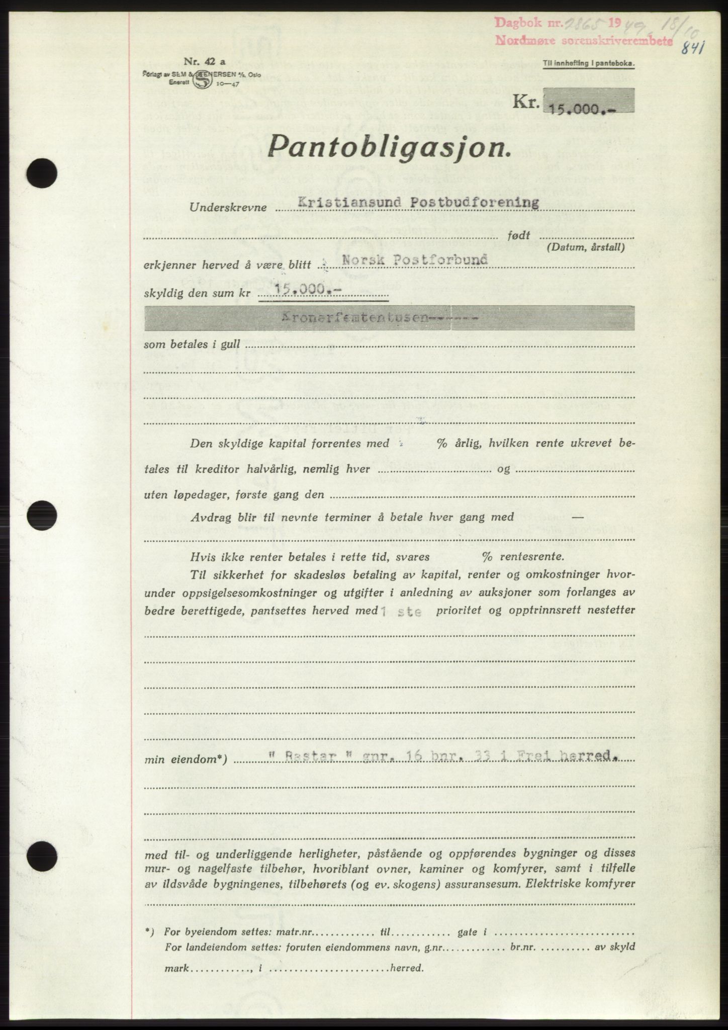 Nordmøre sorenskriveri, AV/SAT-A-4132/1/2/2Ca: Pantebok nr. B102, 1949-1949, Dagboknr: 2865/1949