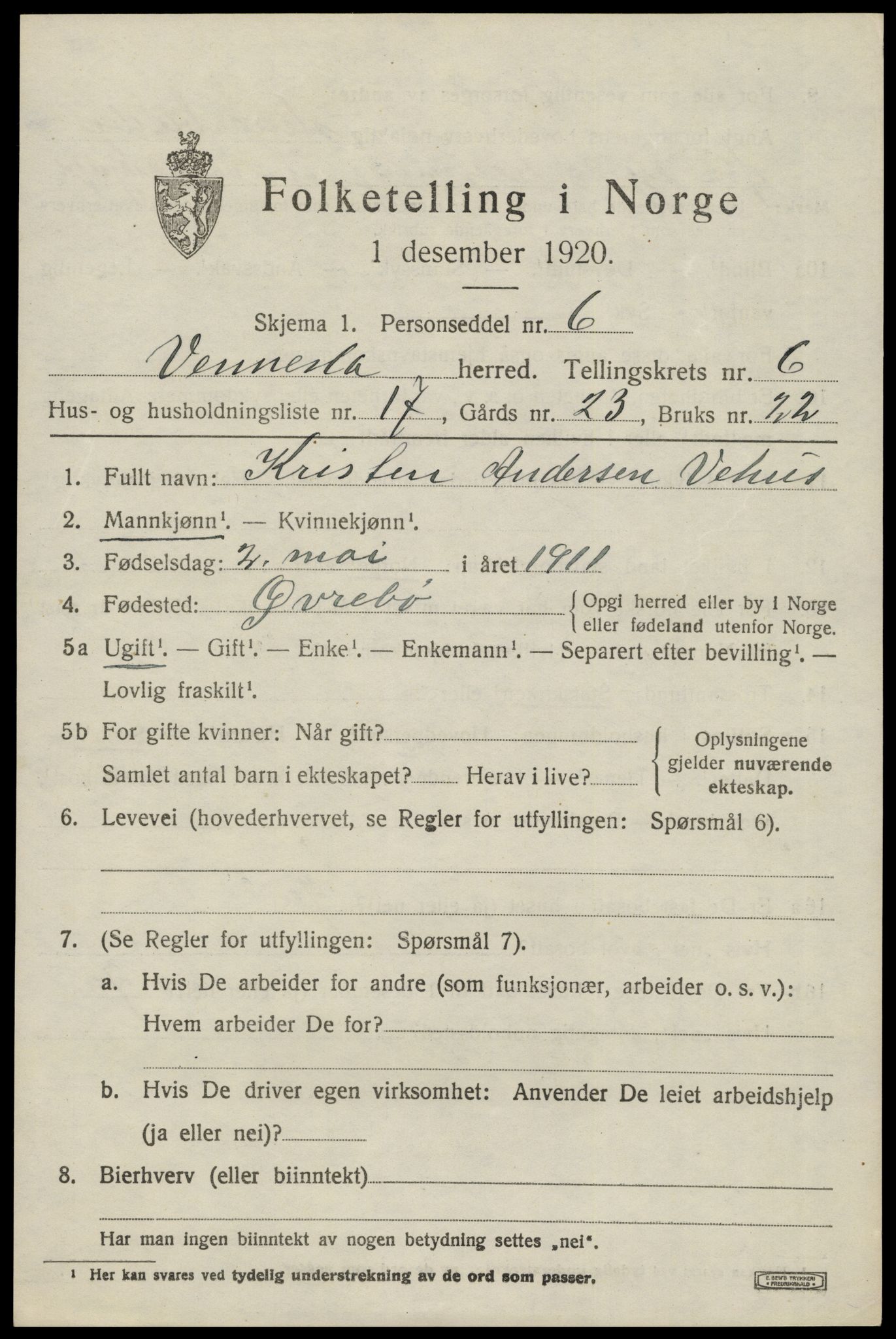 SAK, Folketelling 1920 for 1014 Vennesla herred, 1920, s. 4514