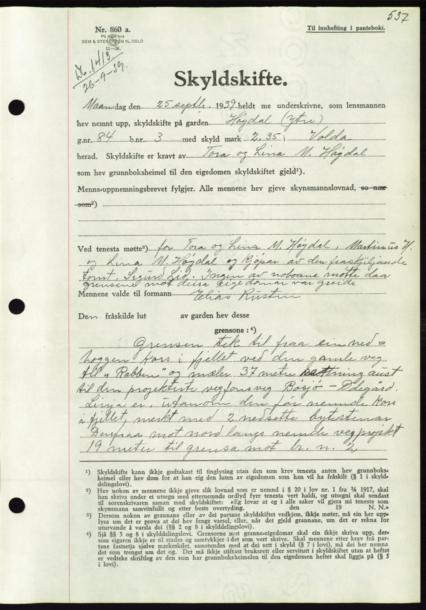 Søre Sunnmøre sorenskriveri, AV/SAT-A-4122/1/2/2C/L0068: Pantebok nr. 62, 1939-1939, Dagboknr: 1413/1939