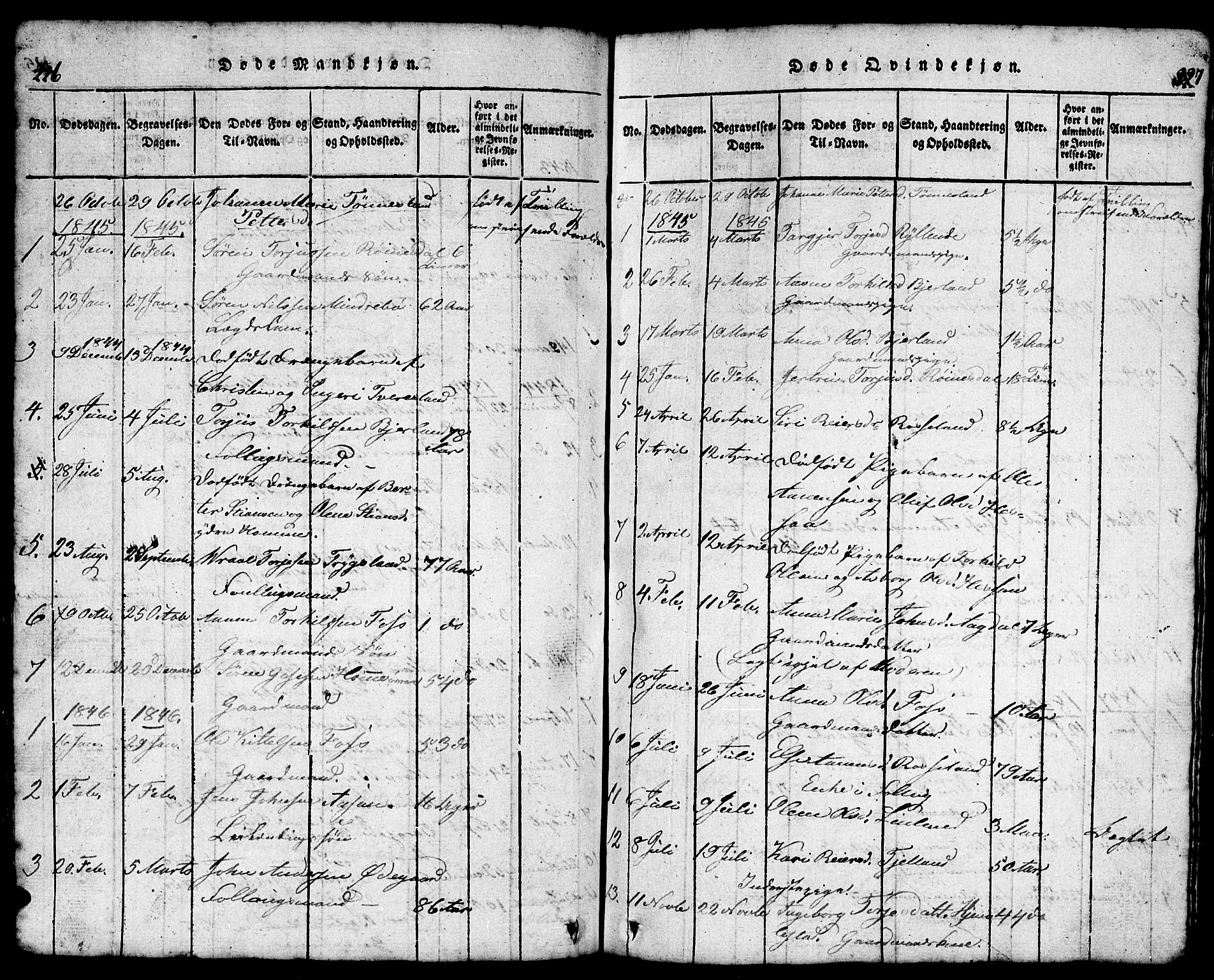 Bjelland sokneprestkontor, SAK/1111-0005/F/Fb/Fba/L0003: Klokkerbok nr. B 3, 1816-1870, s. 226-227