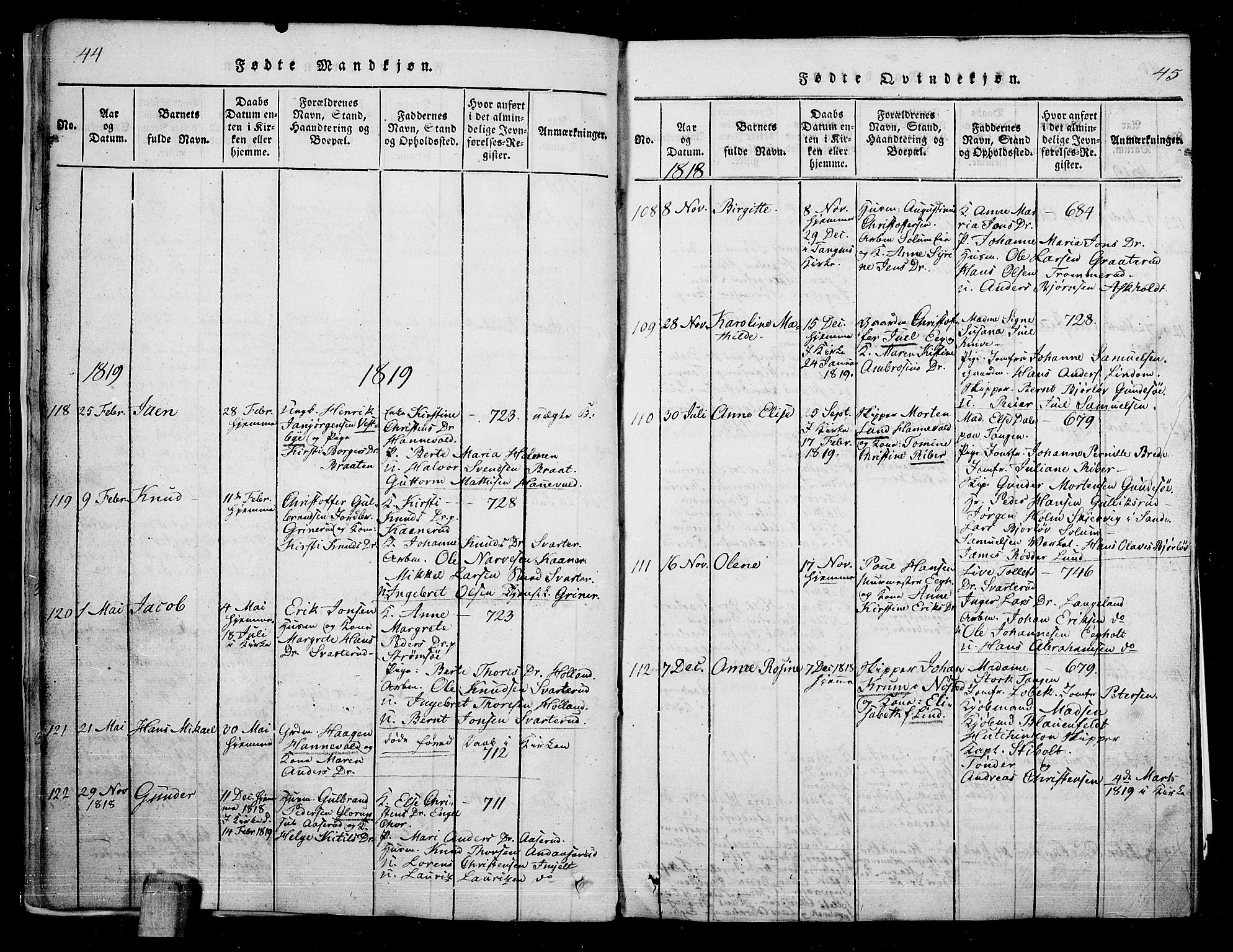 Skoger kirkebøker, AV/SAKO-A-59/G/Ga/L0001: Klokkerbok nr. I 1, 1814-1845, s. 44-45