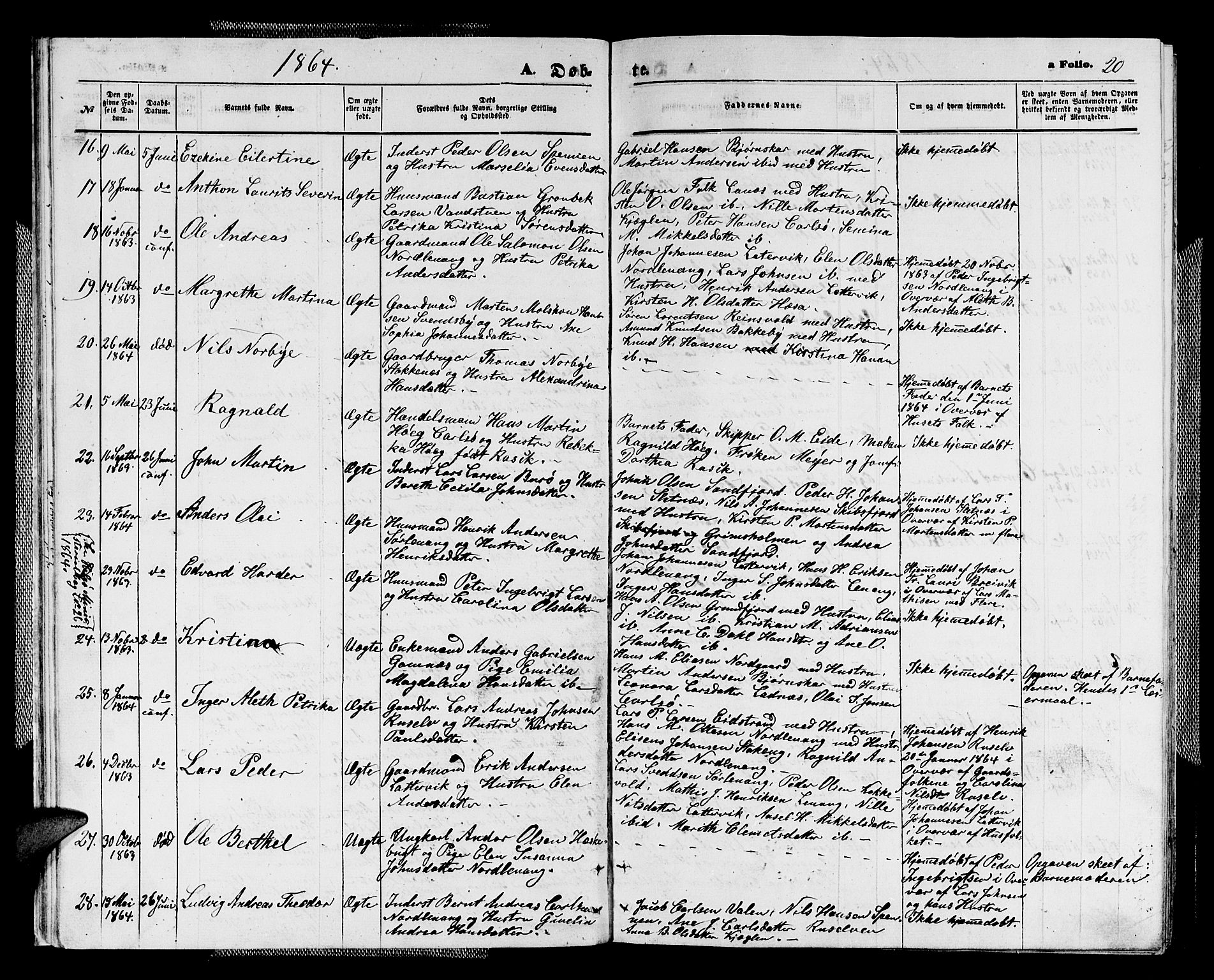 Karlsøy sokneprestembete, AV/SATØ-S-1299/H/Ha/Hab/L0003klokker: Klokkerbok nr. 3, 1862-1877, s. 20