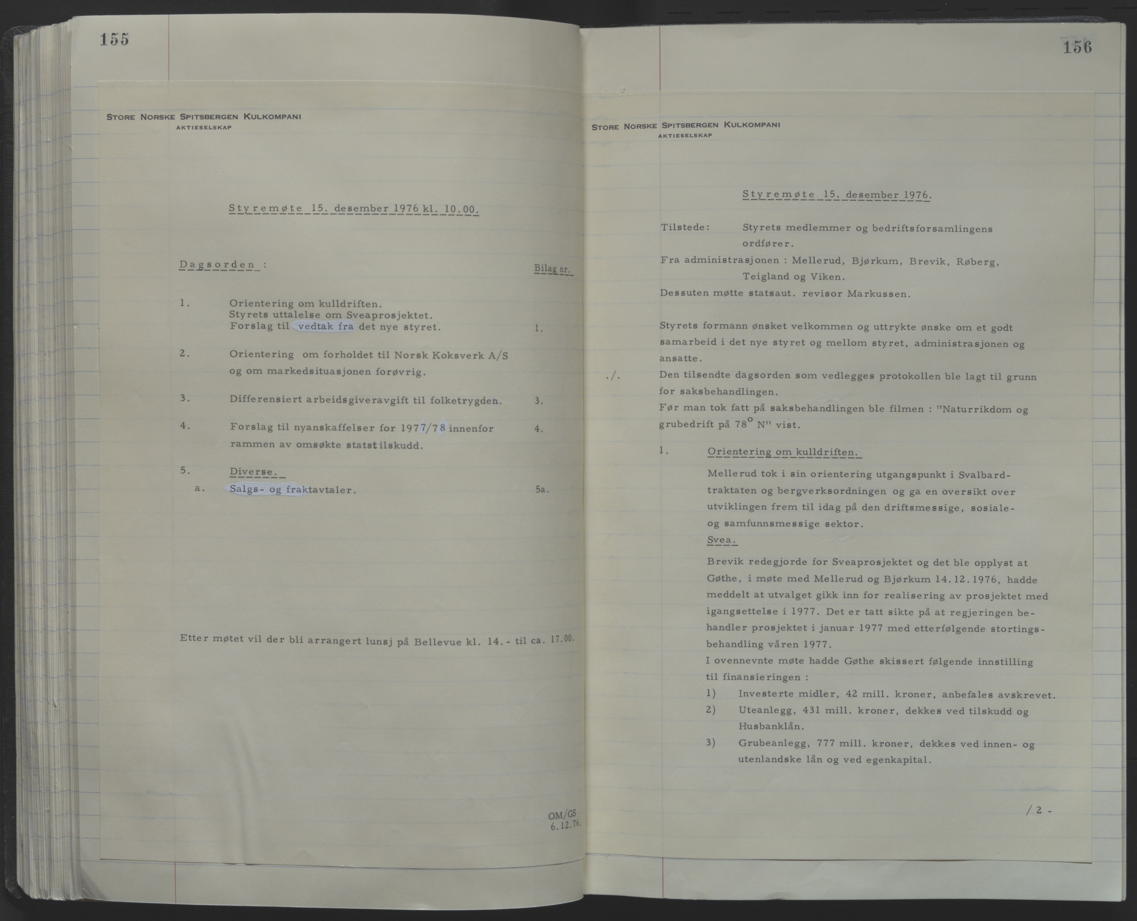 Store Norske Spitsbergen Kulkompani A/S, AV/SATØ-P-0073/09/A/Ab/Aba/L0001: Styreprotokoll 6, 1970-1979, s. 155-156