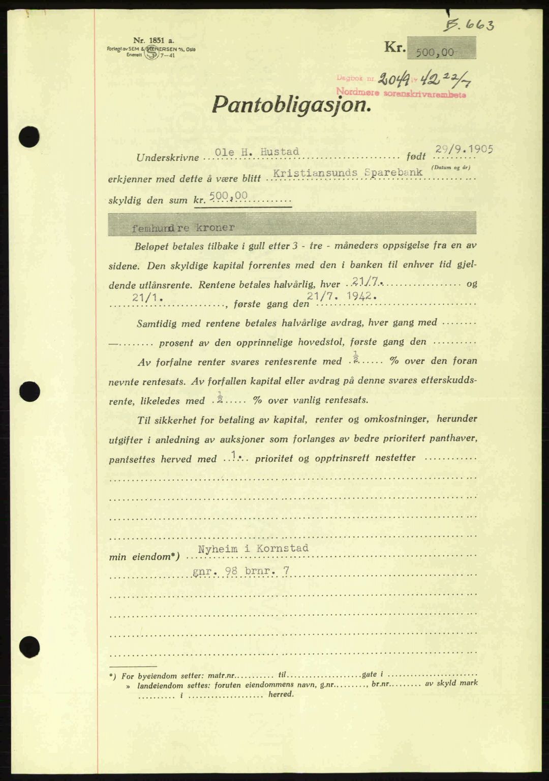 Nordmøre sorenskriveri, AV/SAT-A-4132/1/2/2Ca: Pantebok nr. B89, 1942-1942, Dagboknr: 2049/1942