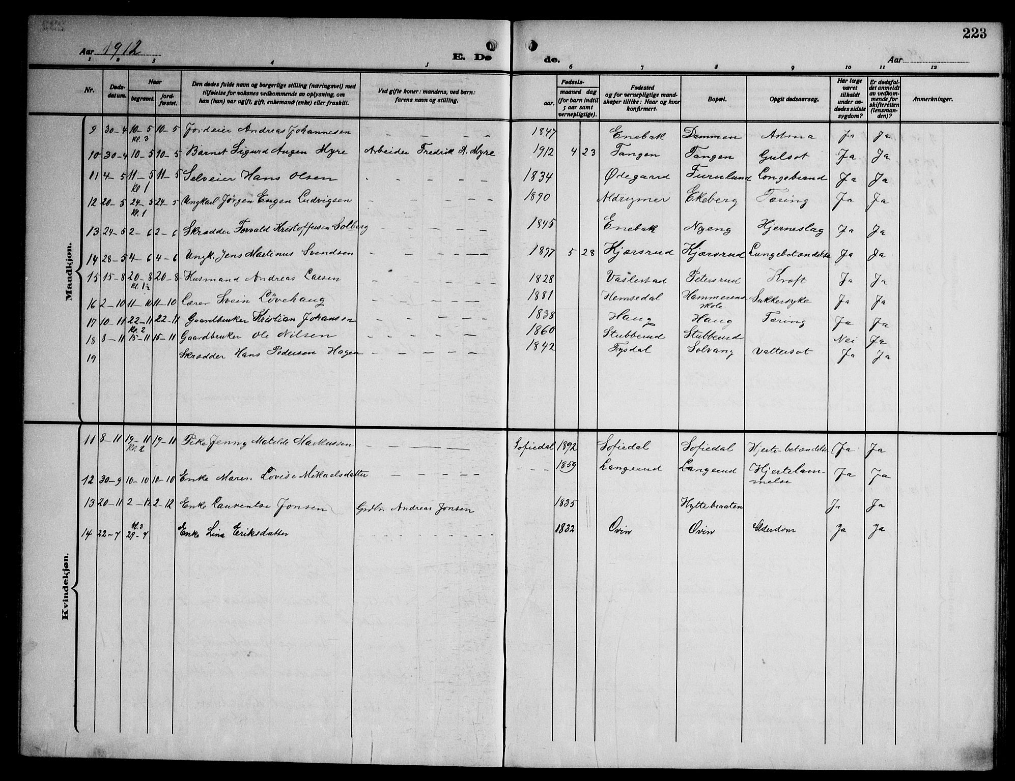 Enebakk prestekontor Kirkebøker, AV/SAO-A-10171c/G/Ga/L0007: Klokkerbok nr. I 7, 1911-1949, s. 223