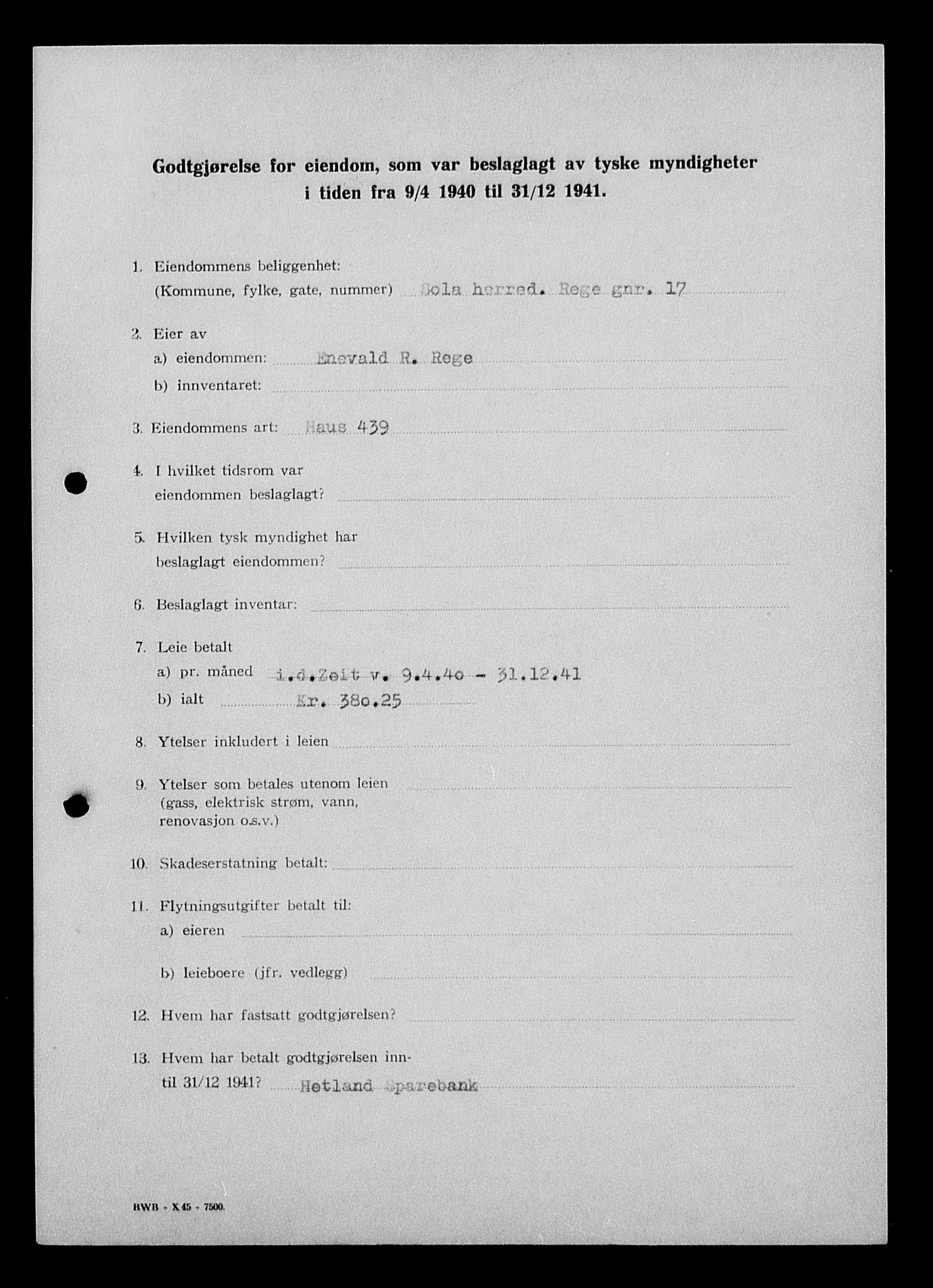 Justisdepartementet, Tilbakeføringskontoret for inndratte formuer, AV/RA-S-1564/I/L1015: Godtgjørelse for beslaglagt eiendom, 1940-1941, s. 73
