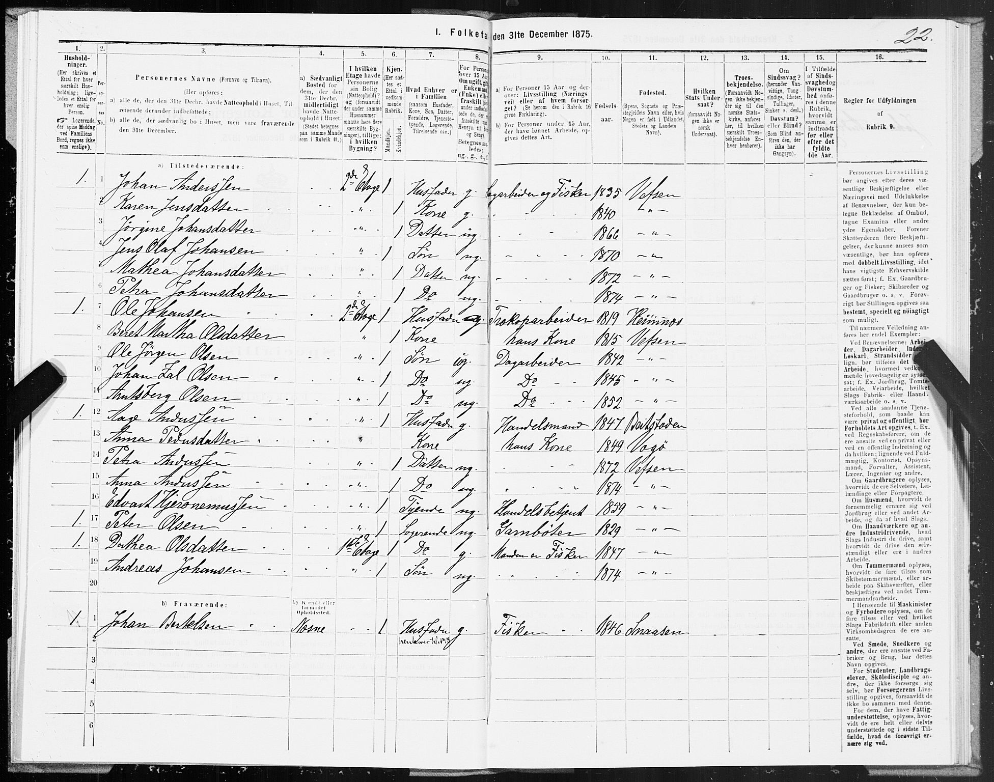 SAT, Folketelling 1875 for 1802B Vefsn prestegjeld, Mosjøen ladested, 1875, s. 22