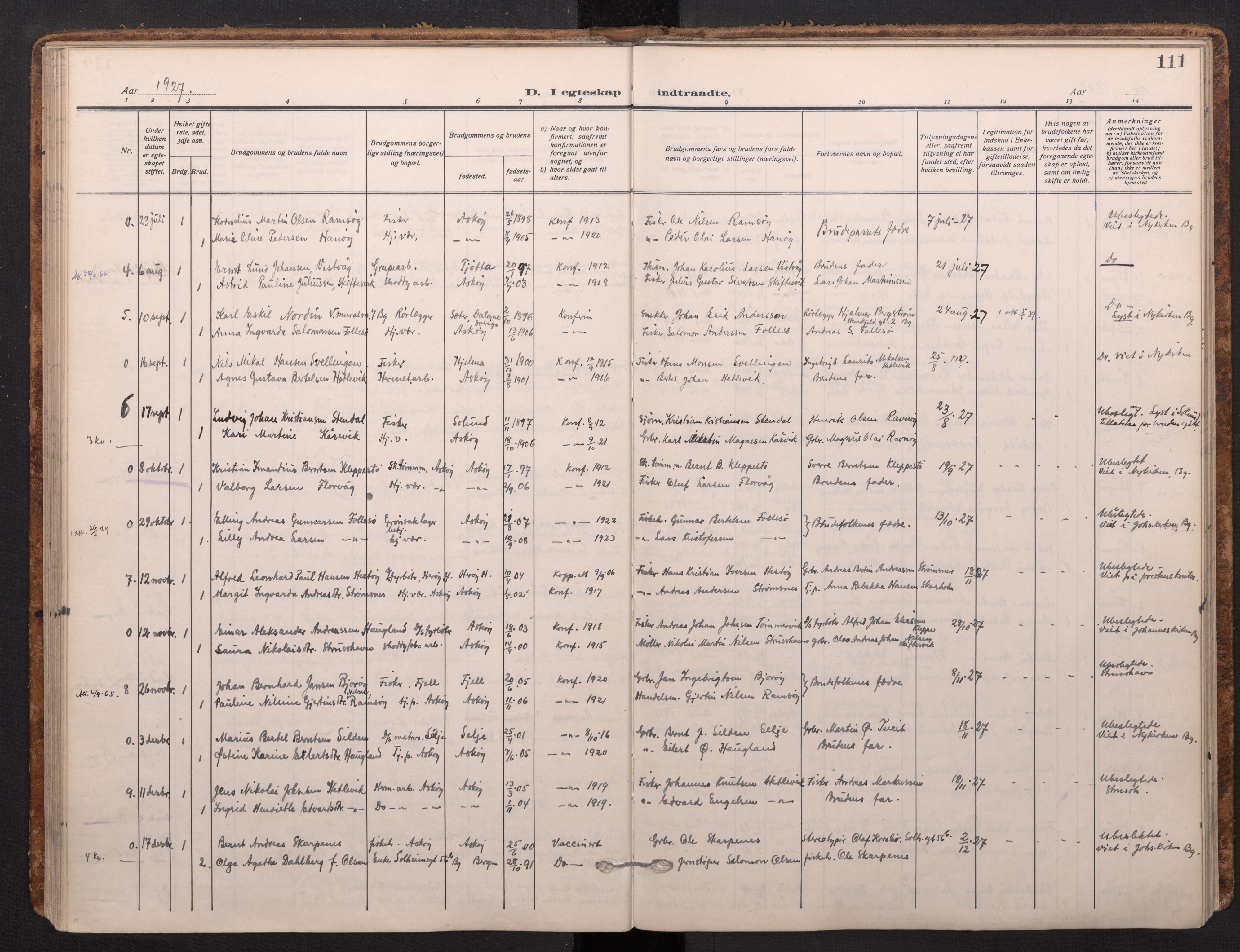 Askøy Sokneprestembete, AV/SAB-A-74101/H/Ha/Haa/Haad/L0002: Ministerialbok nr. D 2, 1915-1935, s. 111