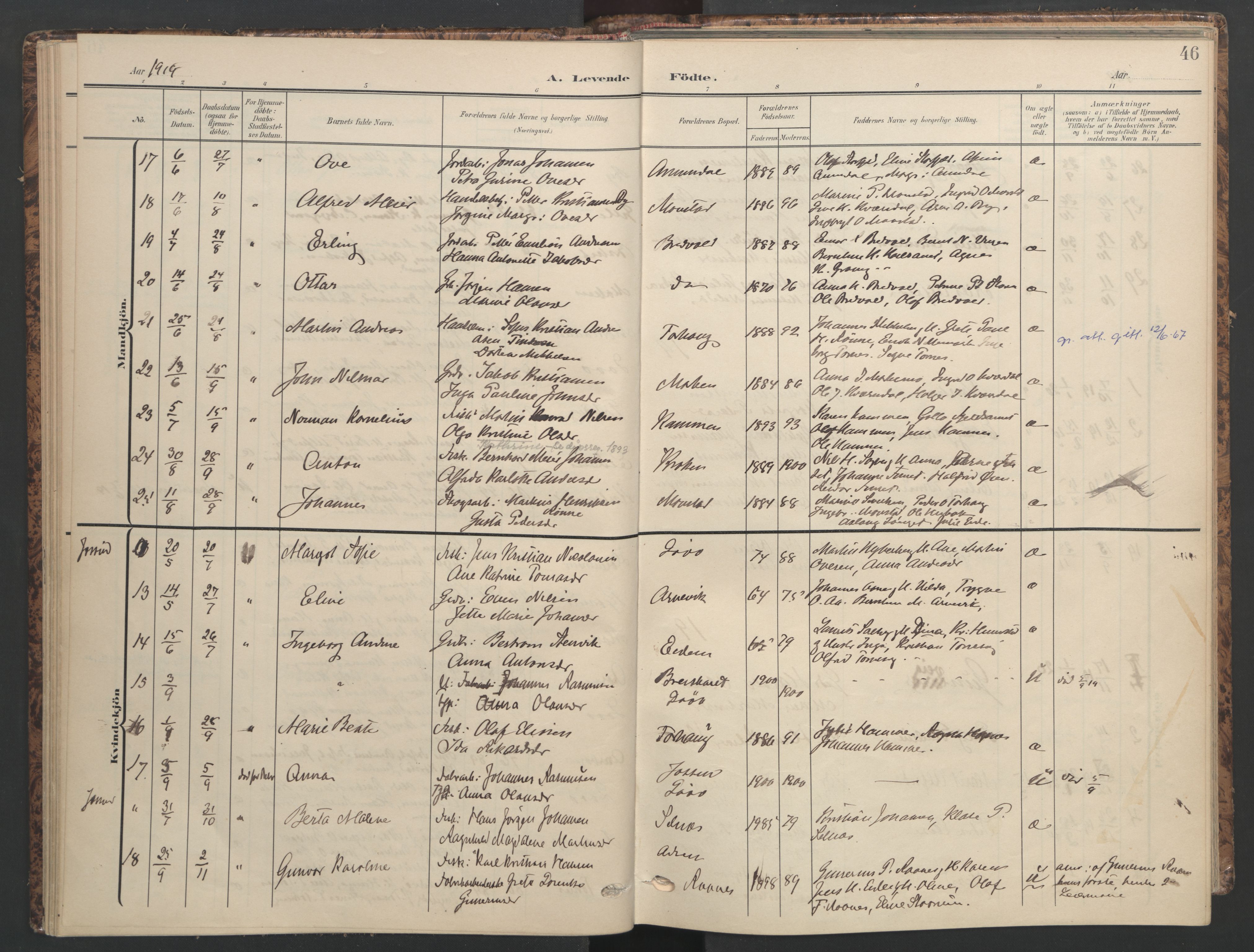 Ministerialprotokoller, klokkerbøker og fødselsregistre - Sør-Trøndelag, AV/SAT-A-1456/655/L0682: Ministerialbok nr. 655A11, 1908-1922, s. 46