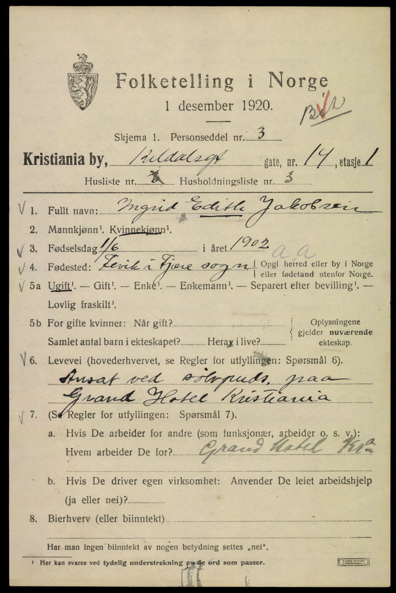 SAO, Folketelling 1920 for 0301 Kristiania kjøpstad, 1920, s. 332597