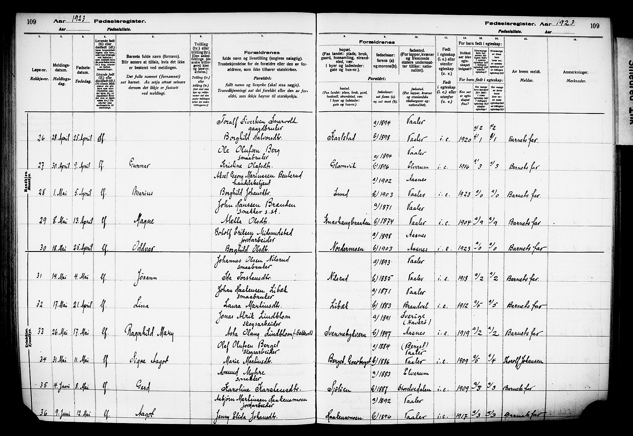 Våler prestekontor, Hedmark, AV/SAH-PREST-040/I/Id/L0001: Fødselsregister nr. 1, 1916-1930, s. 109