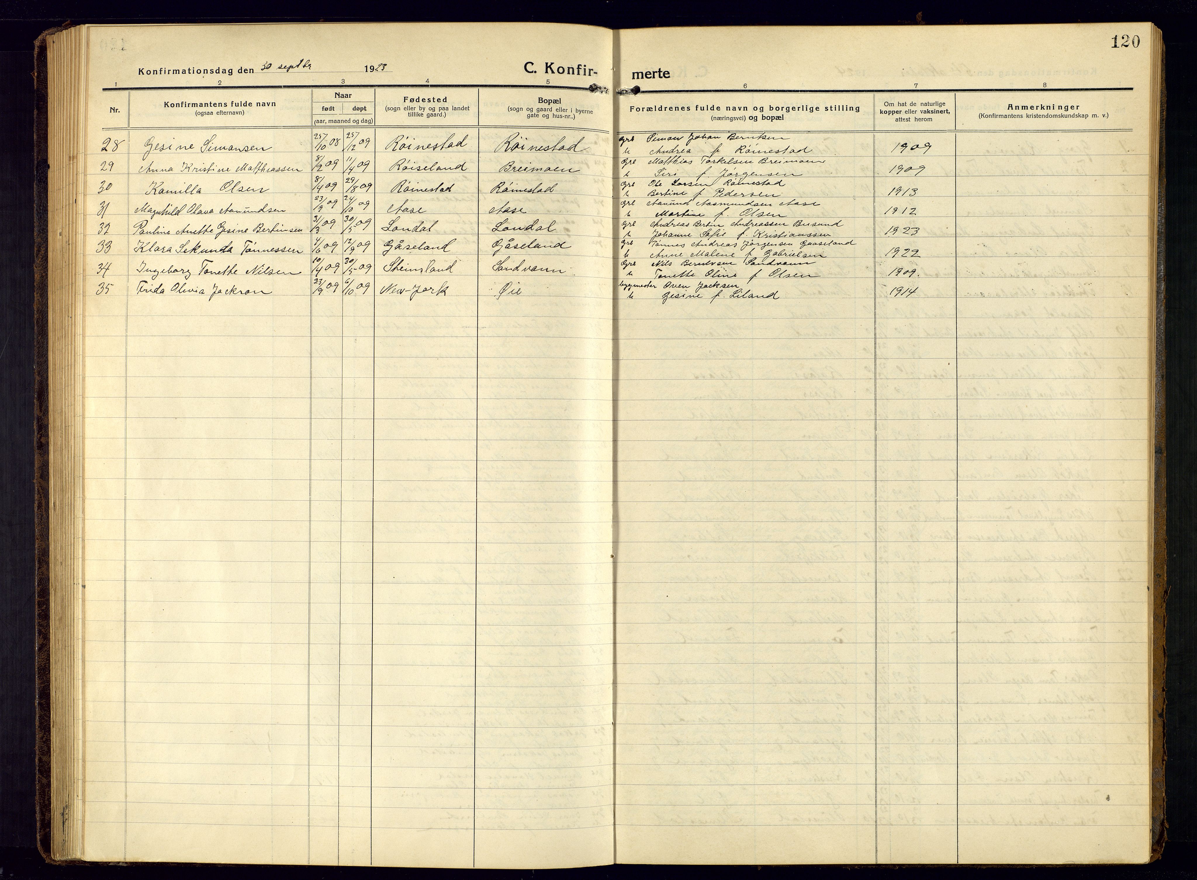 Kvinesdal sokneprestkontor, SAK/1111-0026/F/Fb/Fbb/L0004: Klokkerbok nr. B 4, 1917-1938, s. 120
