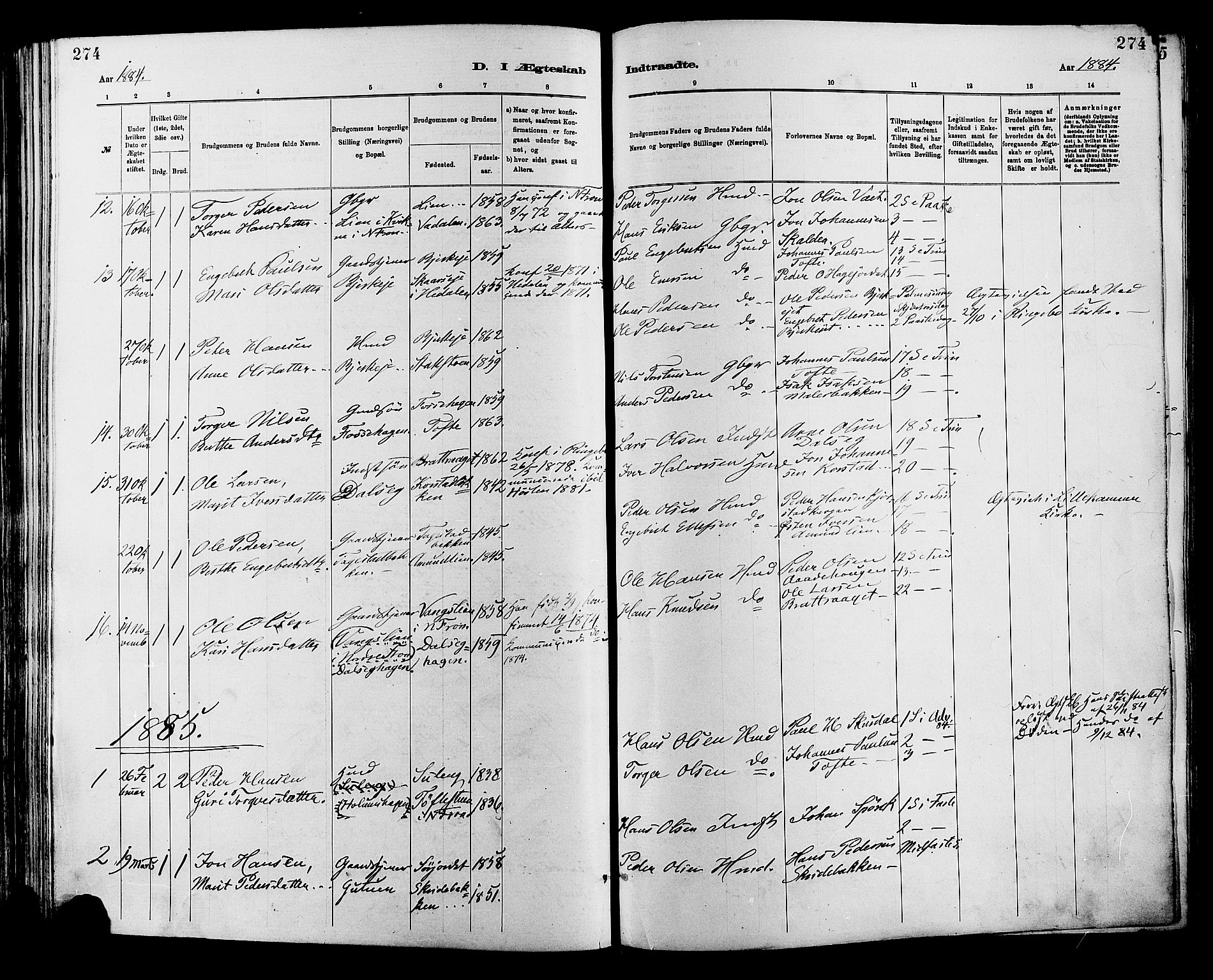 Sør-Fron prestekontor, AV/SAH-PREST-010/H/Ha/Haa/L0003: Ministerialbok nr. 3, 1881-1897, s. 274