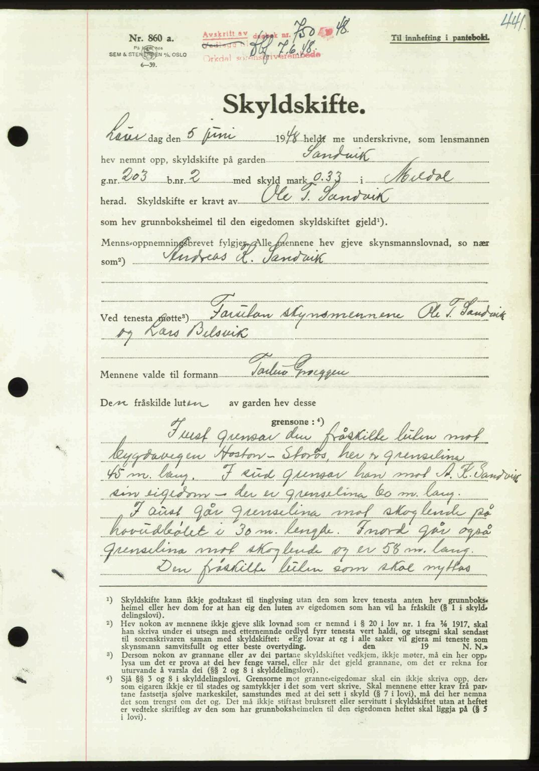 Orkdal sorenskriveri, AV/SAT-A-4169/1/2/2C: Pantebok nr. A, 1948-1948, Dagboknr: 750/1948