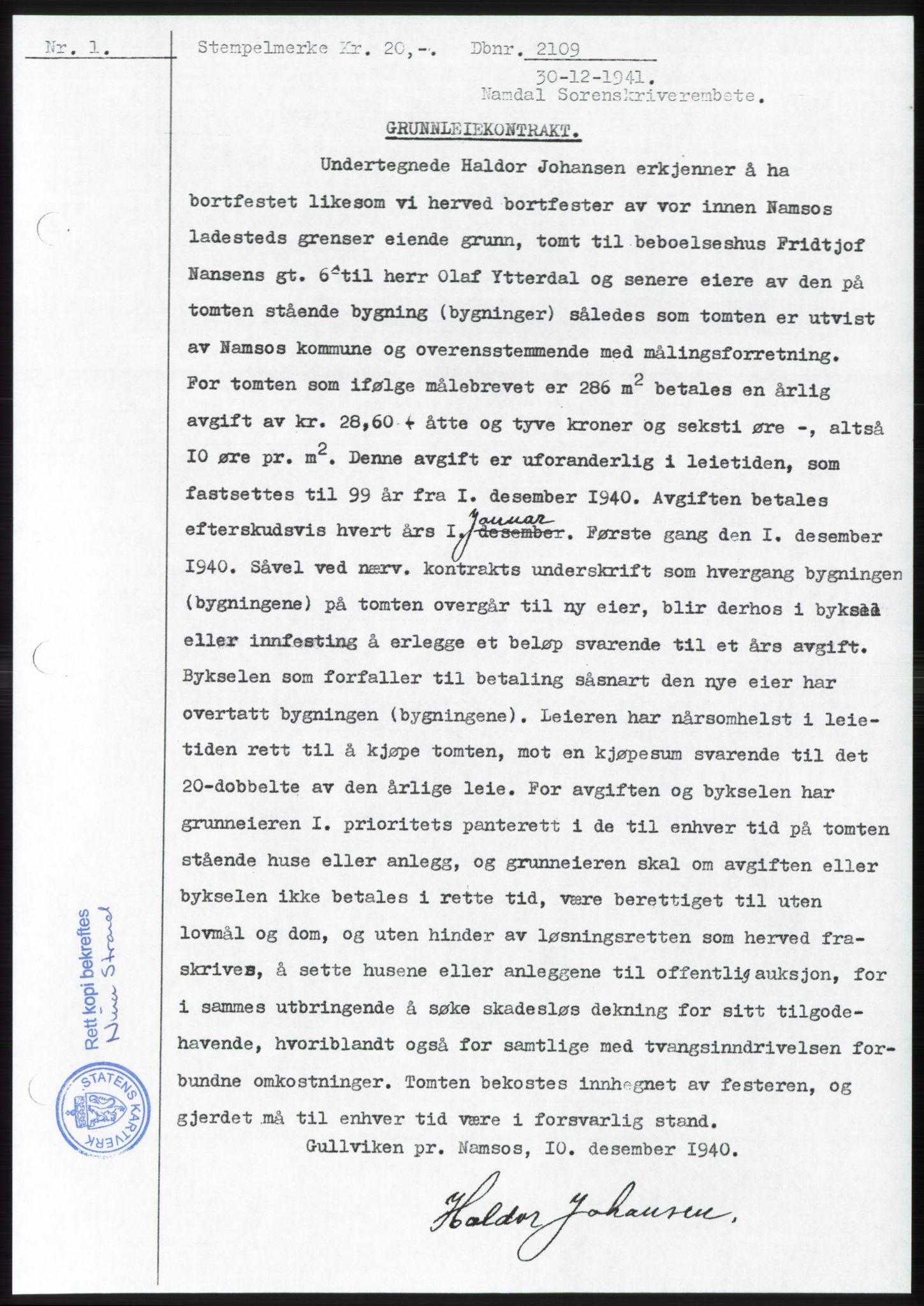 Namdal sorenskriveri, SAT/A-4133/1/2/2C: Pantebok nr. -, 1942-1943, Dagboknr: 2109/1942