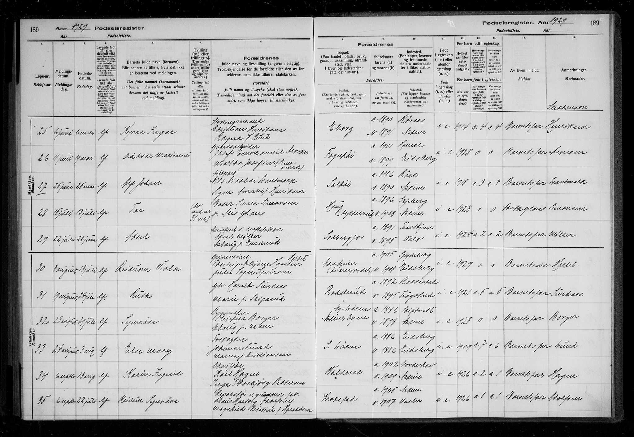 Askim prestekontor Kirkebøker, AV/SAO-A-10900/J/Ja/L0001: Fødselsregister nr. 1, 1916-1929, s. 189