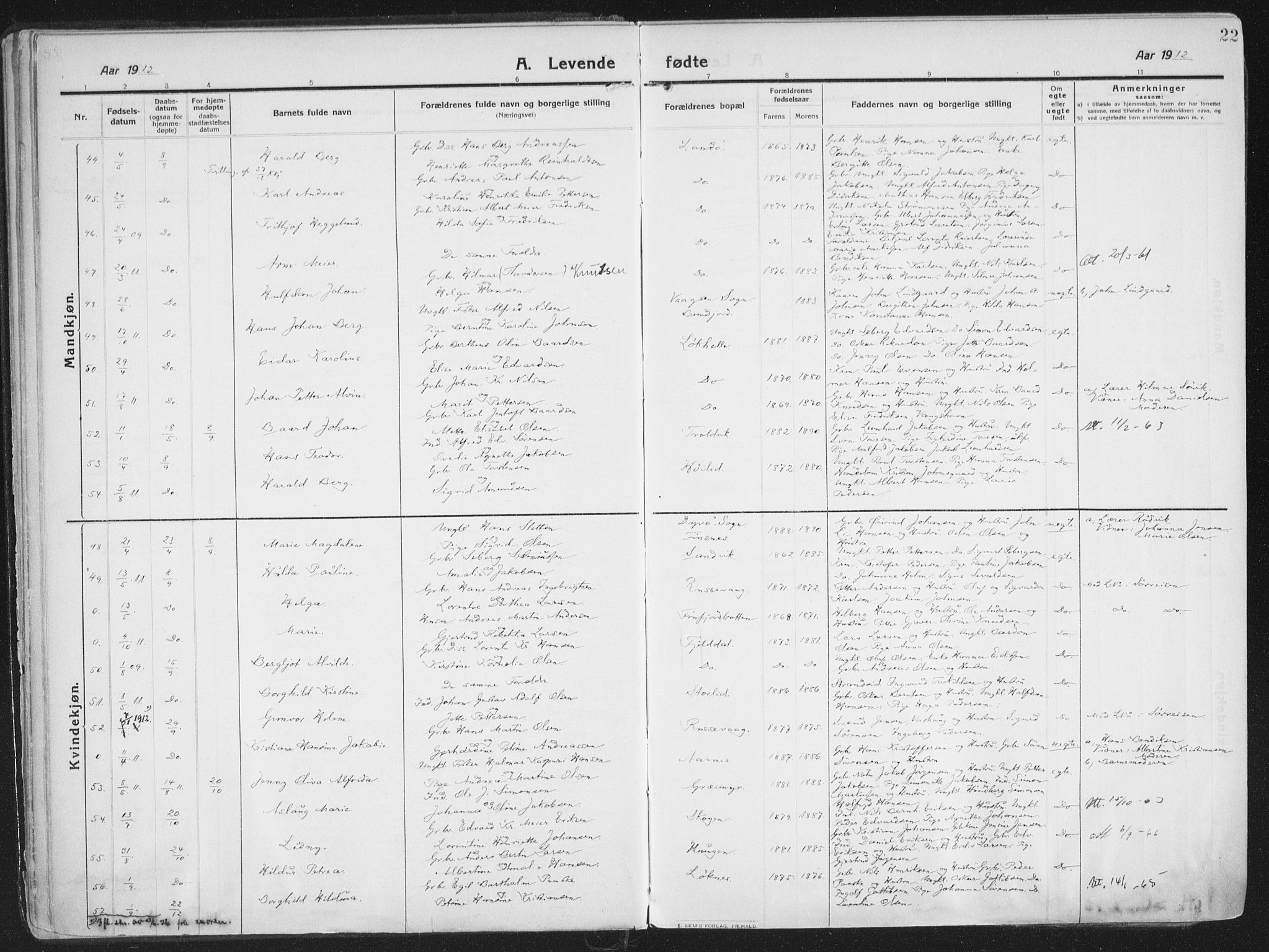 Lenvik sokneprestembete, AV/SATØ-S-1310/H/Ha/Haa/L0016kirke: Ministerialbok nr. 16, 1910-1924, s. 22