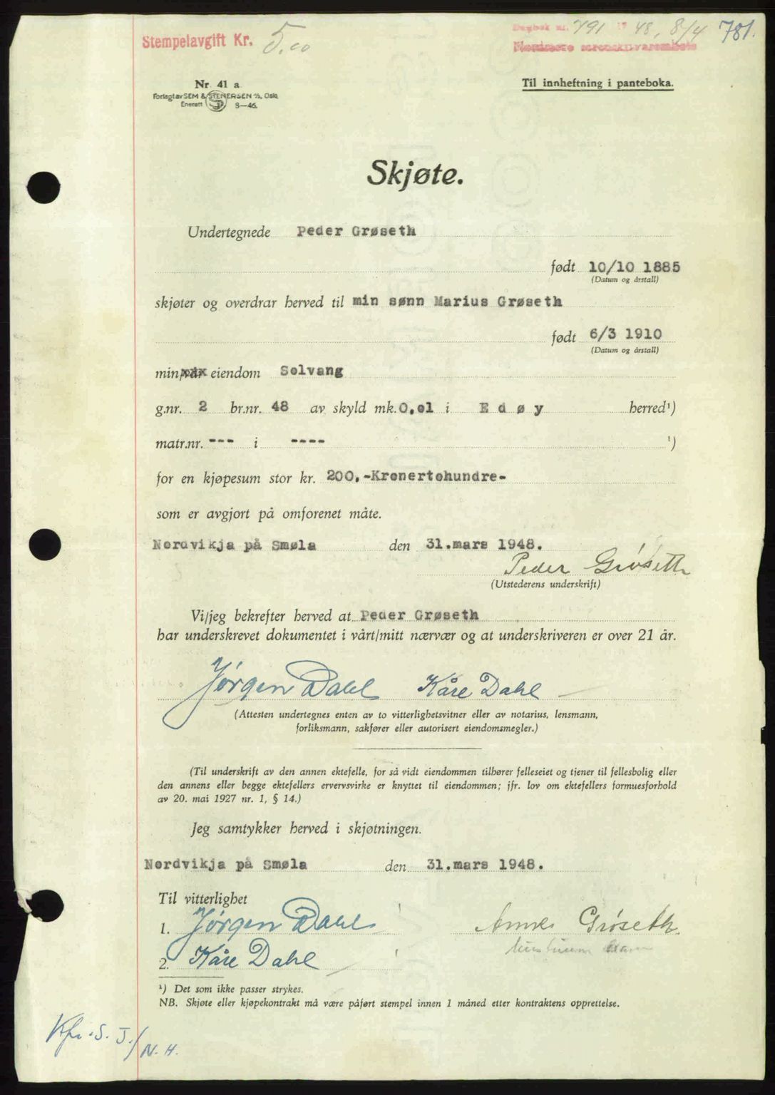 Nordmøre sorenskriveri, SAT/A-4132/1/2/2Ca: Pantebok nr. A107, 1947-1948, Dagboknr: 791/1948