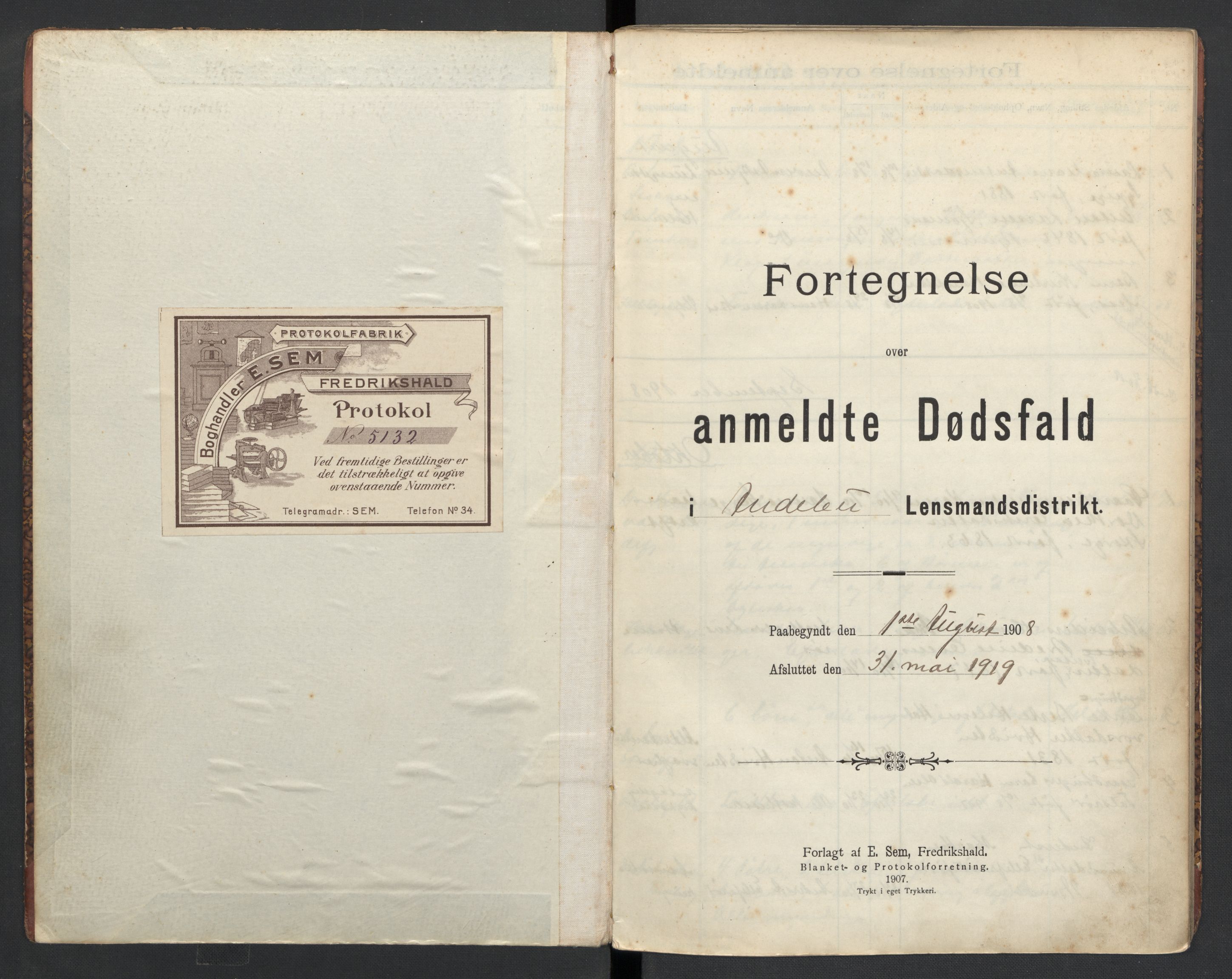 Andebu lensmannskontor, SAKO/A-532/H/Ha/L0003: Dødsfallsprotokoll, 1908-1919