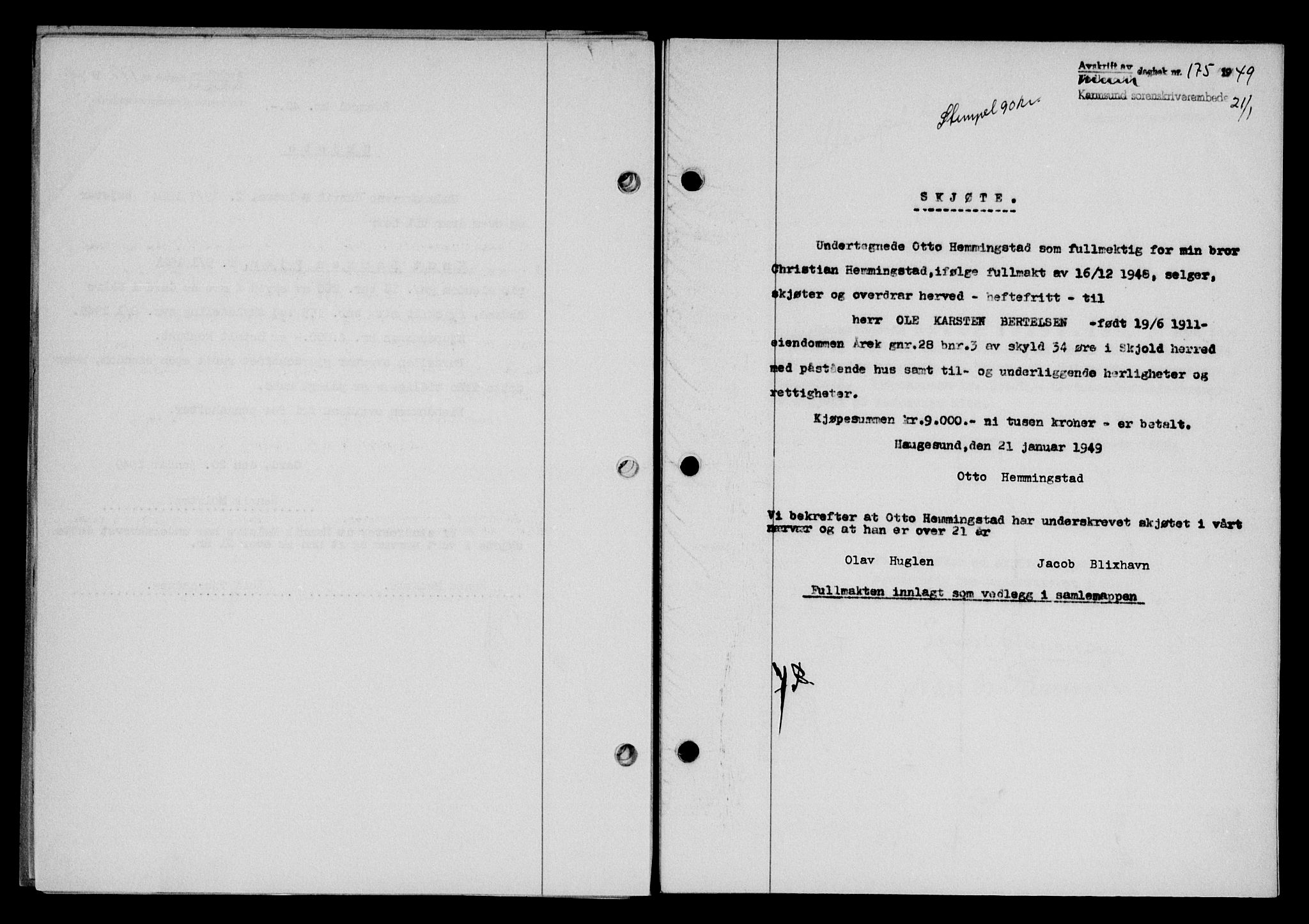 Karmsund sorenskriveri, SAST/A-100311/01/II/IIB/L0095: Pantebok nr. 75A, 1948-1949, Dagboknr: 175/1949