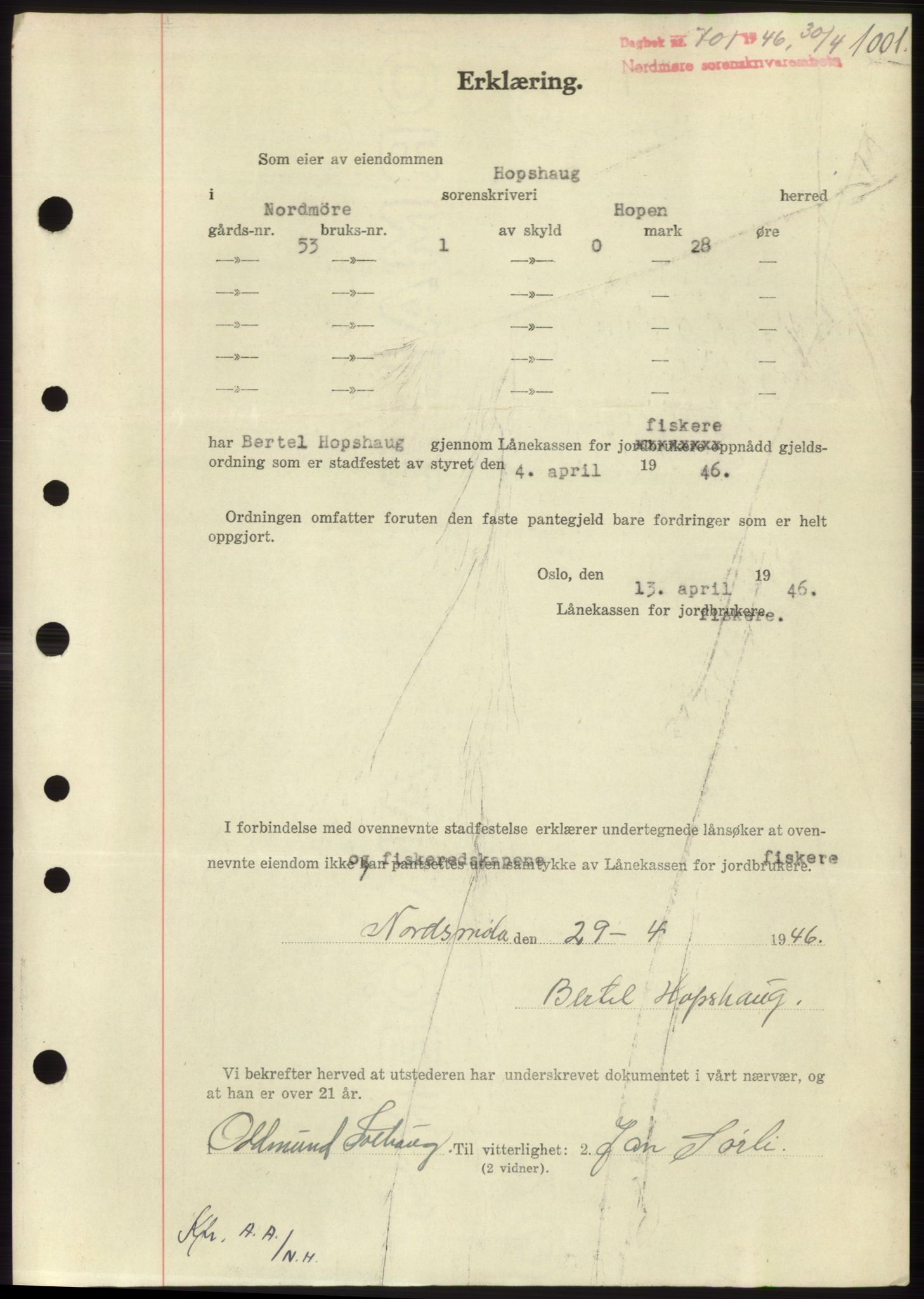 Nordmøre sorenskriveri, SAT/A-4132/1/2/2Ca: Pantebok nr. B93b, 1946-1946, Dagboknr: 701/1946